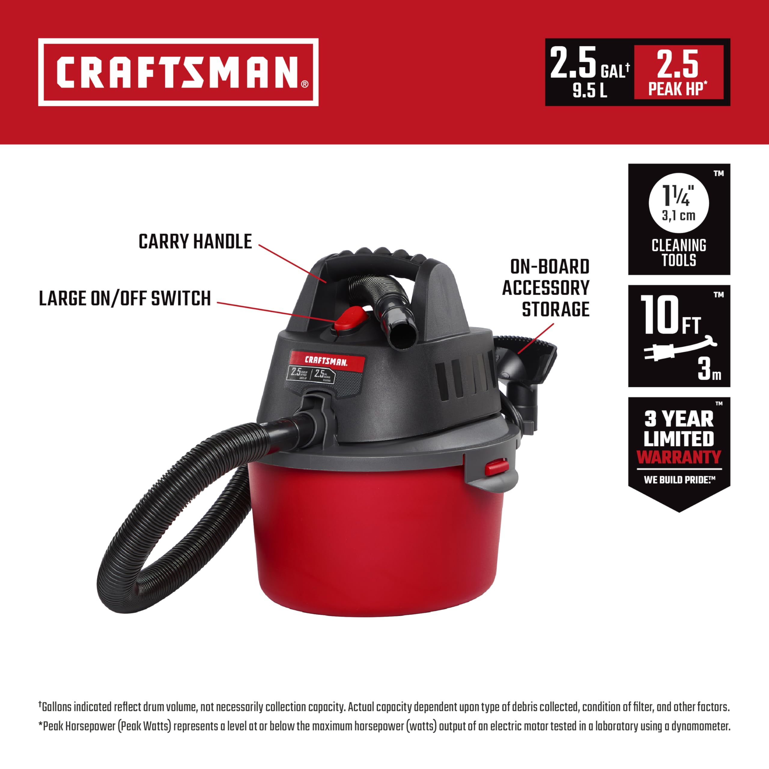CRAFTSMAN CMXEVBE17250 2.5 Gallon 2.5 Peak HP Wet Dry Vac, Portable Shop Vacuum Wet and Dry with Filter Bag, Hose and Attachments for Cleaning in the Home detail image 2