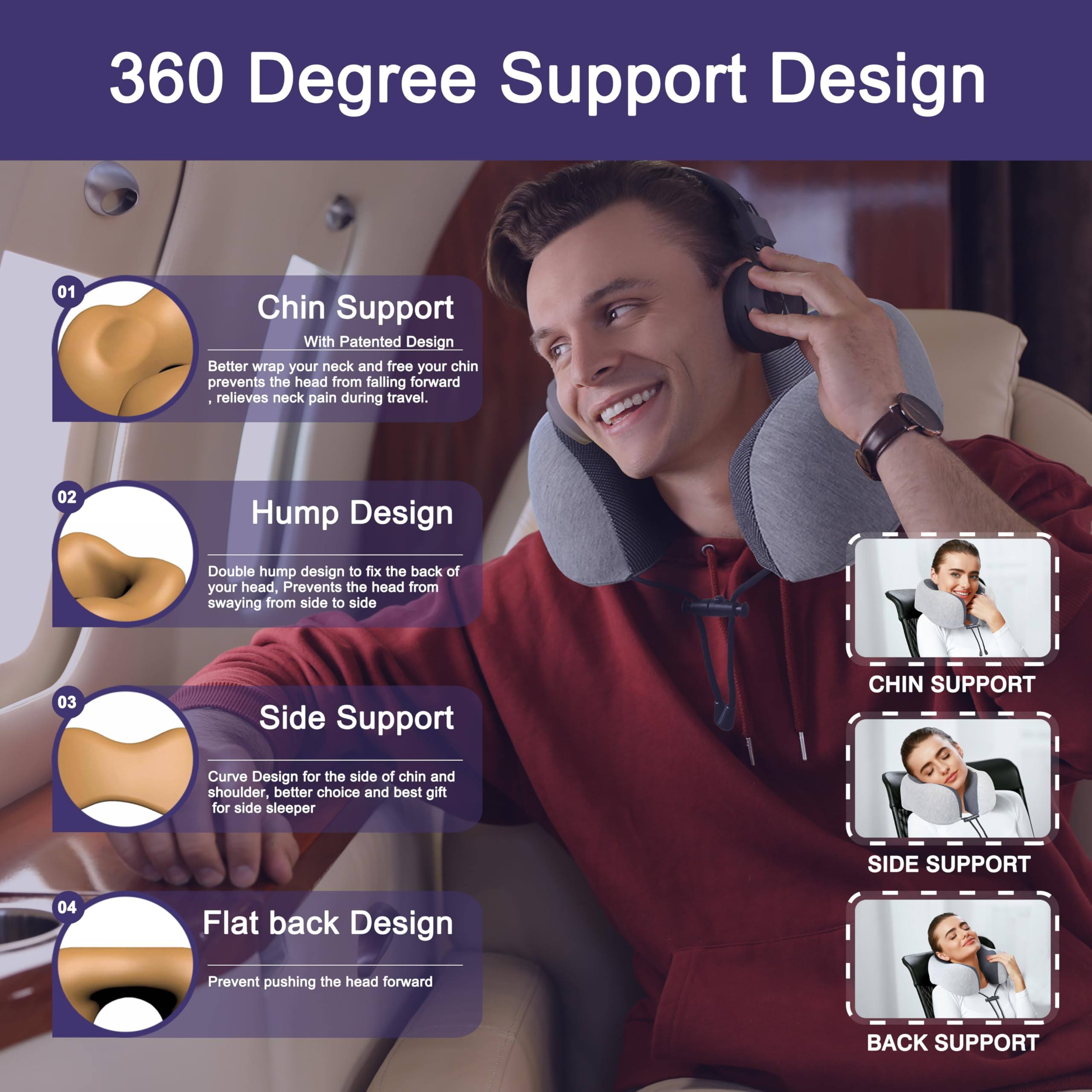 napfun Neck Pillow for Traveling, Upgraded 100% Pure Memory Foam Travel Pillow for Airplane Headrest Sleep, Portable Plane Accessories, Light Grey detail image 2