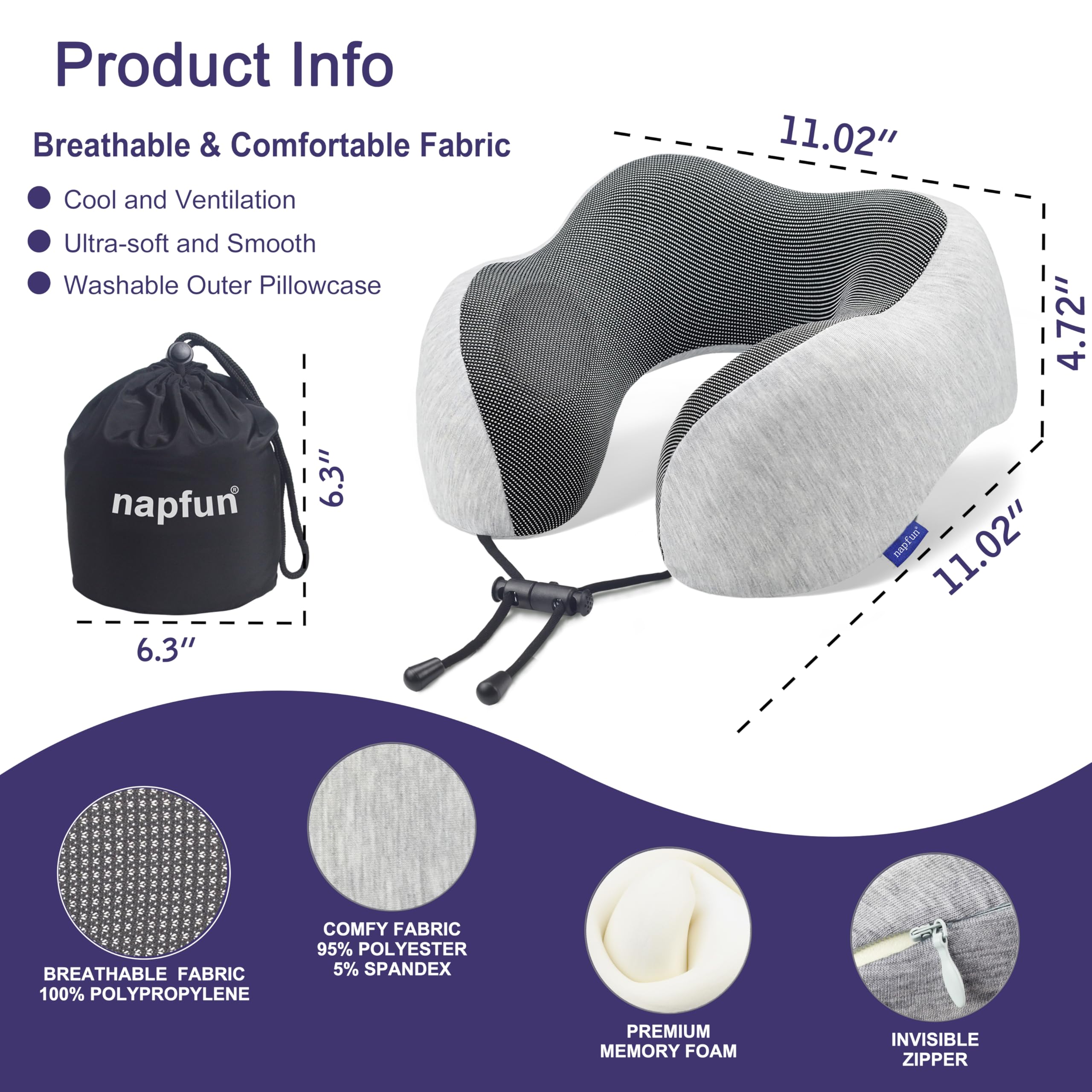 napfun Neck Pillow for Traveling, Upgraded 100% Pure Memory Foam Travel Pillow for Airplane Headrest Sleep, Portable Plane Accessories, Light Grey detail image 3