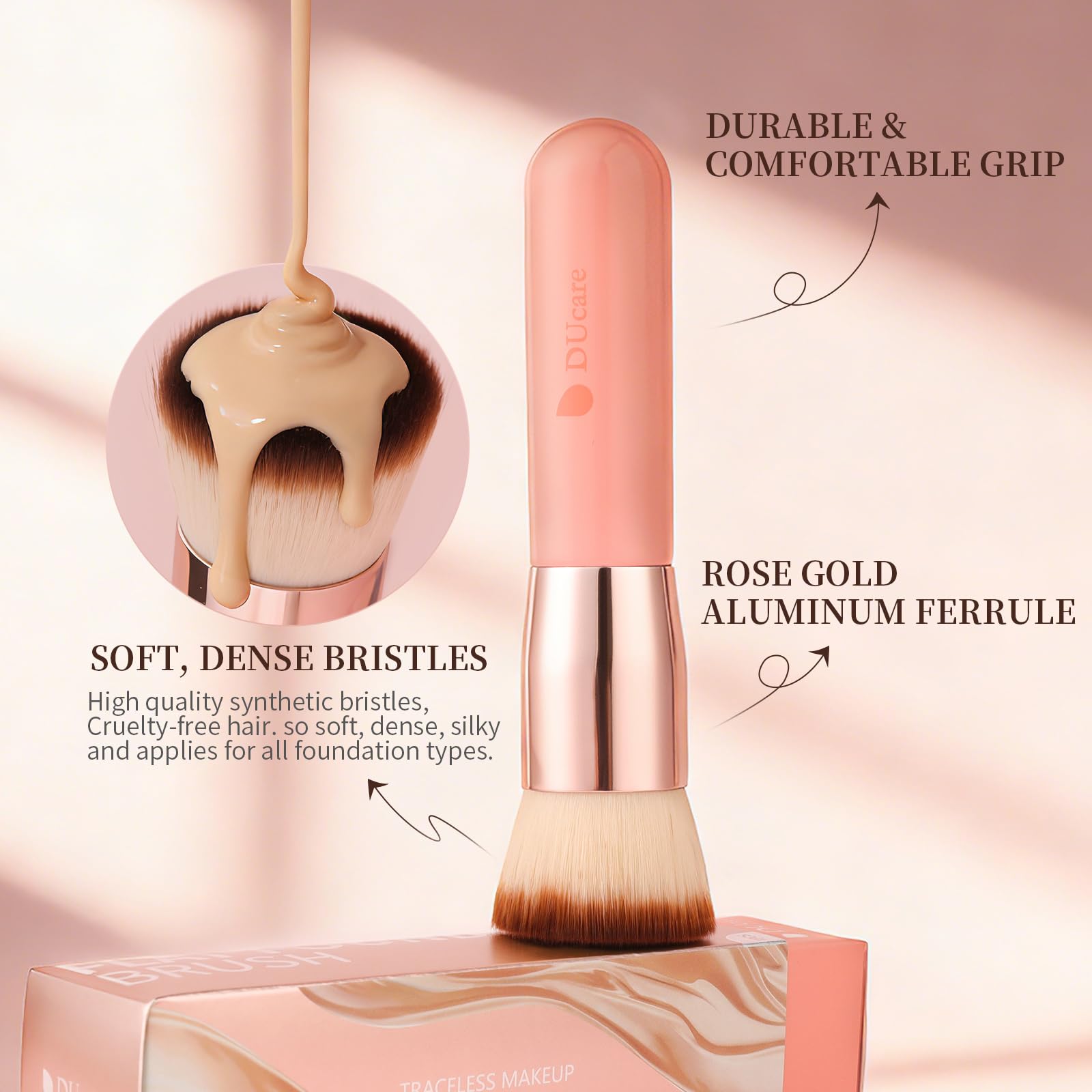 DUcare Foundation Brush for Liquid Makeup,Flat Top Kabuki Foundation Brushes - Premium Makeup Brush for Liquid, Cream, Powder,Buffing, Blending,Pink detail image 3