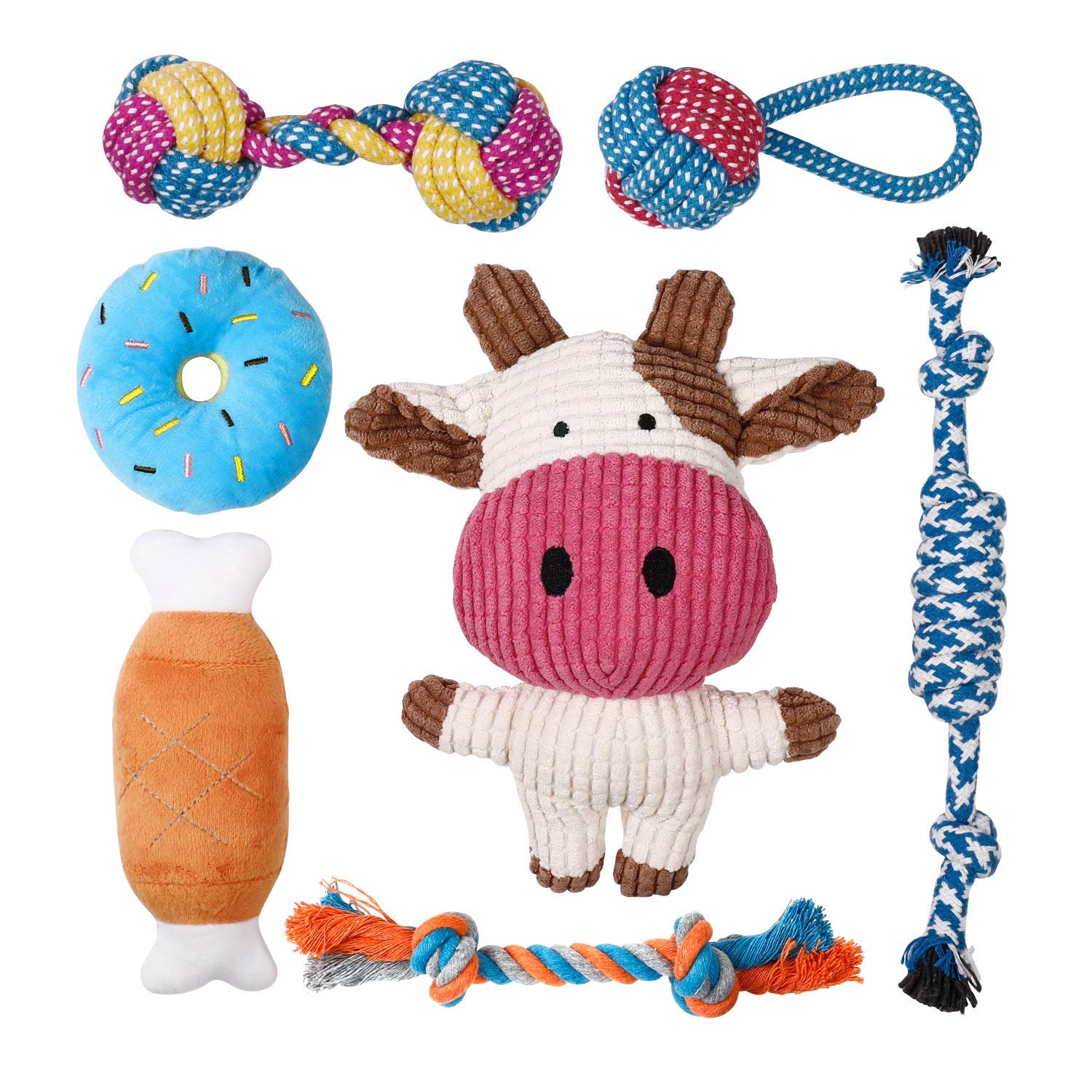 Toozey 7-Pack Small Dog Toys — Puppy Teething Plush & Rope Chew Toys, Squeaky, Non-Toxic, Durable detail image 1