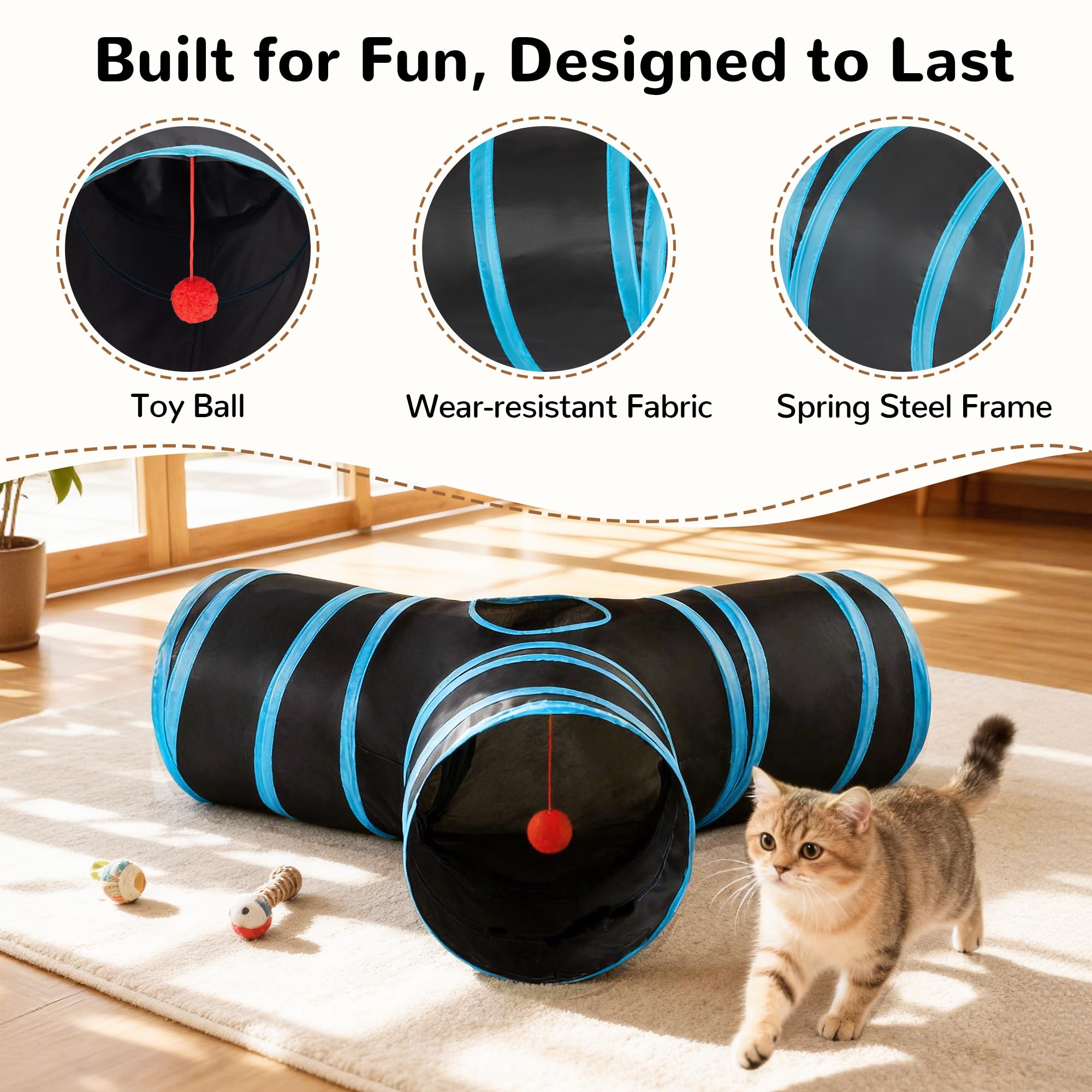 Tempcore 3-Way Collapsible Cat Tunnel with Teaser Wand, Peek Holes & Hanging Ball - Black & Blue detail image 5