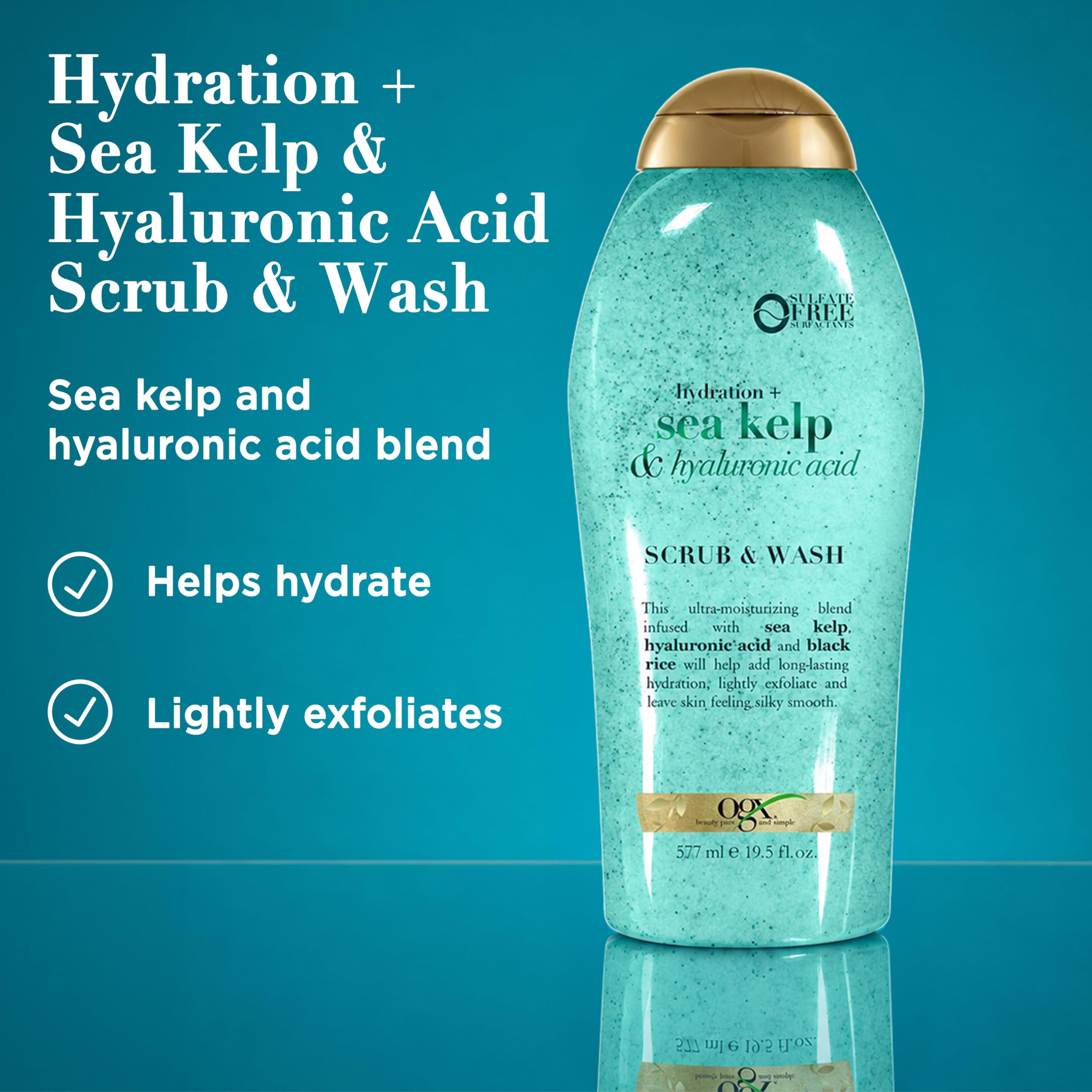 OGX Hydration + Sea Kelp & Hyaluronic Acid Sulfate-Free Lightly Moisturizing Body Scrub with Black Rice, Gentle Exfoliating Daily Body Wash to Soften & Smooth Skin, 19. 5 Fl Oz detail image 2