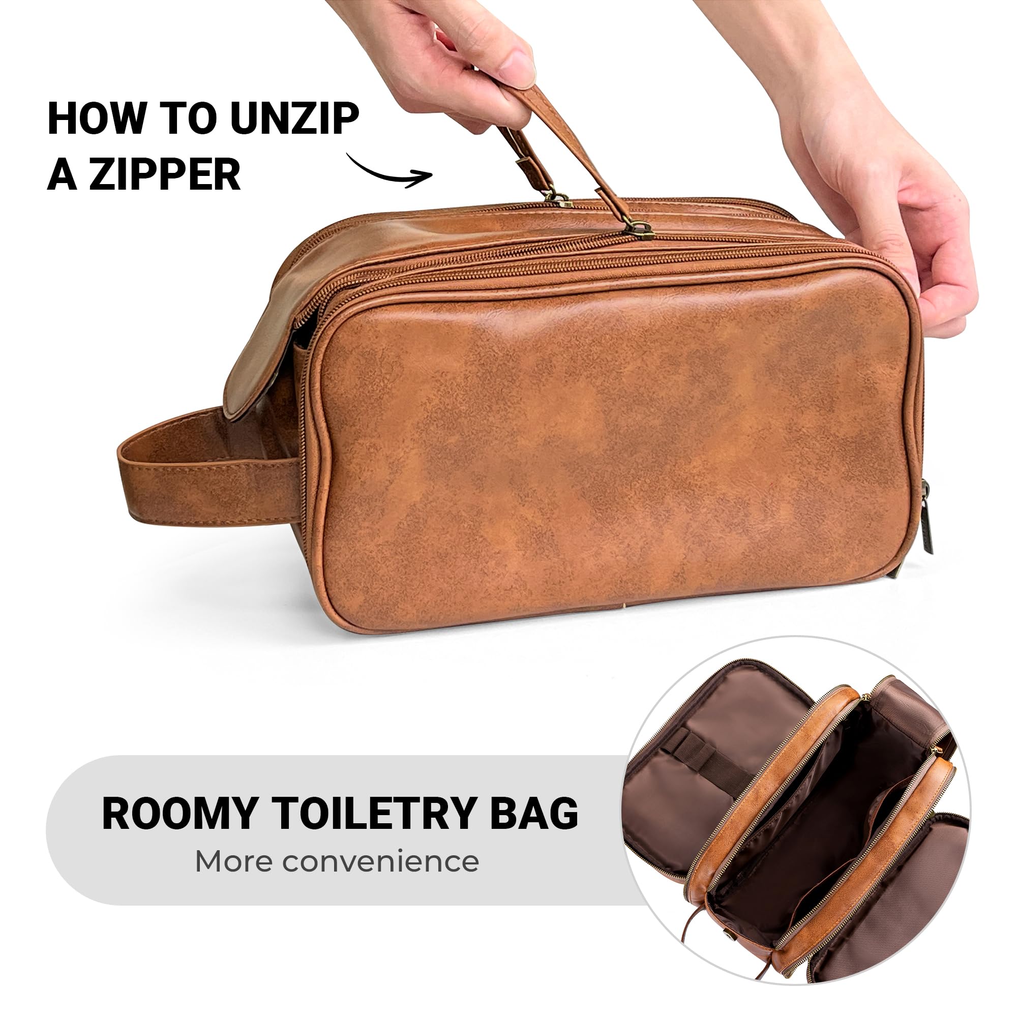 Elviros Toiletry Bag for Men PU Leather Shaving Dopp Kit (Large,Brown) detail image 5