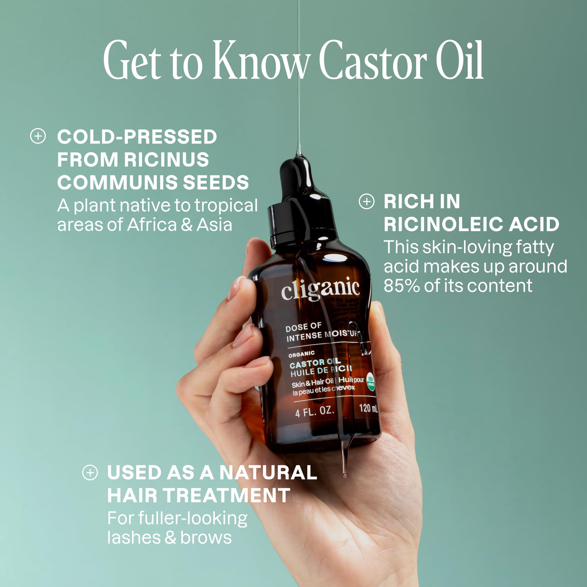 Cliganic Castor Oil Organic Cold Pressed for Eyelashes, Eyebrows & Skin 8oz detail image 3