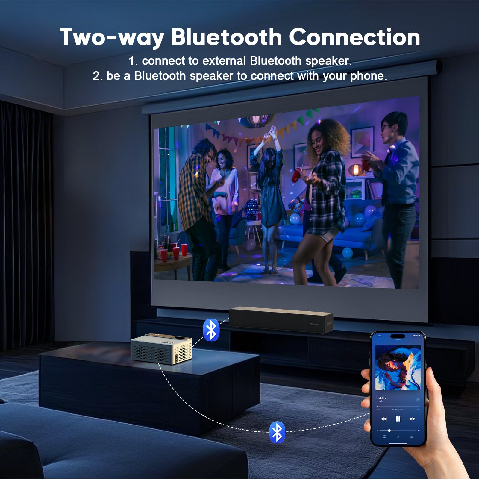 TMY V08 1080P Full HD Portable Mini Projector with 80" Foldable Screen, Bluetooth Speaker Mode, HDMI/USB, Compatible with TV Stick/Smartphone/PC/Game Console detail image 3