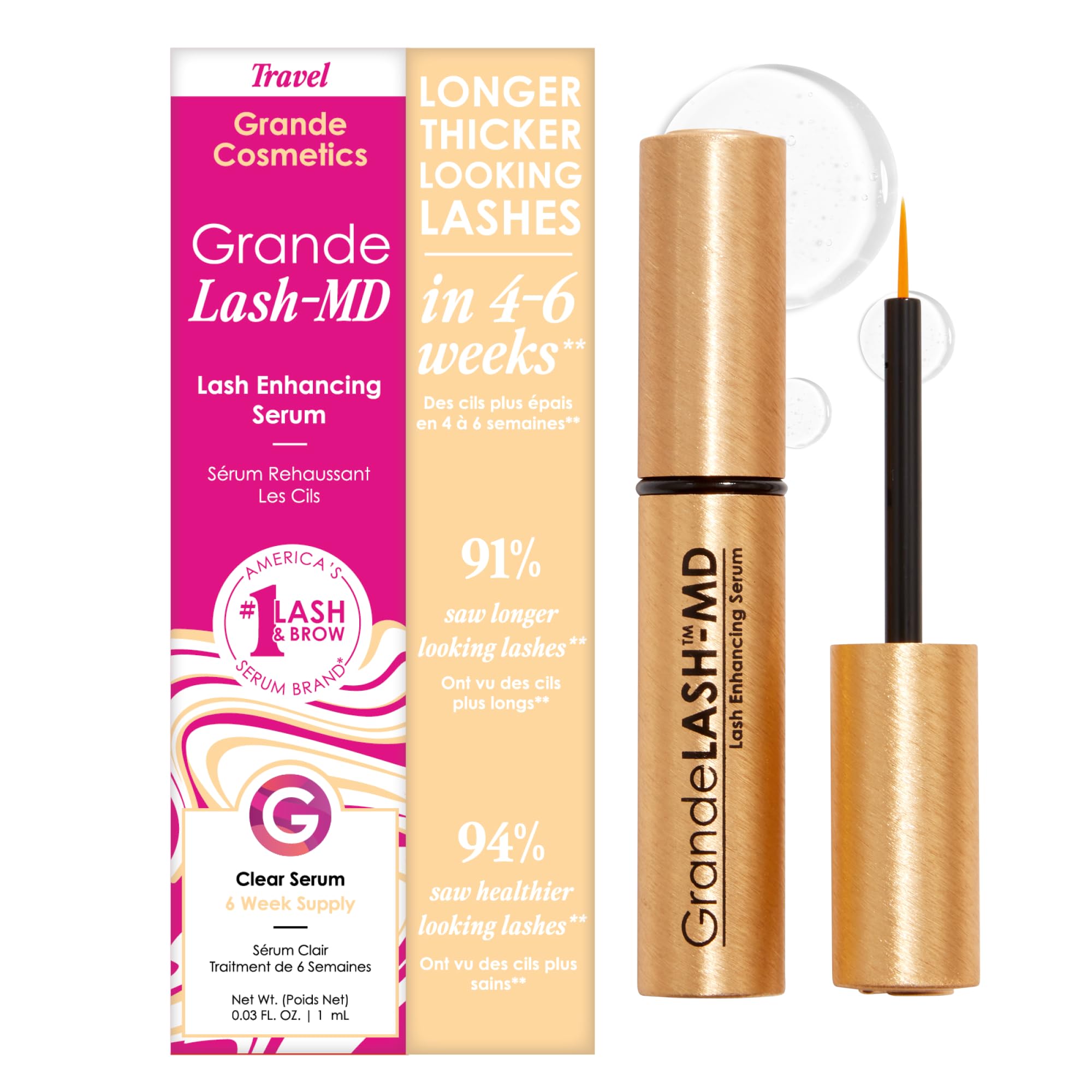 Grande Cosmetics GrandeLASH-MD Lash Enhancing Serum, Peptide & Vitamin Formula, 6-Week Supply (1 mL) — Ophthalmologist Tested, Cruelty-Free detail image 1