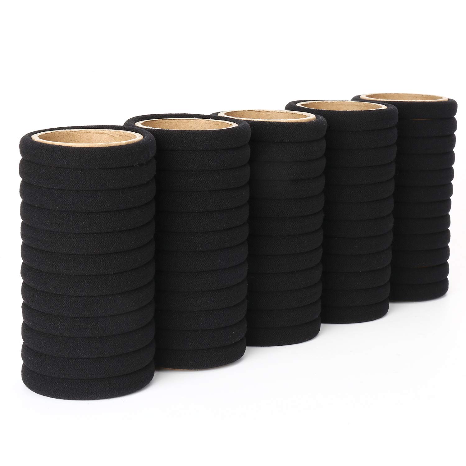 50PCS Black Hair Ties for Women, Cotton Seamless Hair Bands, Elastic Ponytail Holders, No Damage for Thick Hair, 2 Inch in Diameter, by Qarwayoc detail image 3