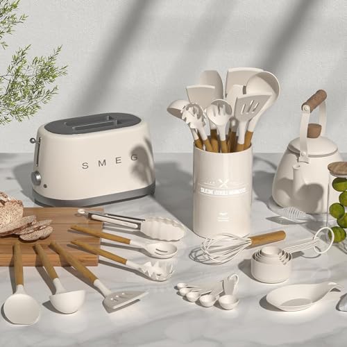 Umite Chef Kitchen Cooking Utensils Set, 33 pcs Non-Stick Silicone Cooking Kitchen Utensils Spatula Set with Holder, Wooden Handle Silicone Kitchen Gadgets Utensil Set (Khaki) detail image 9