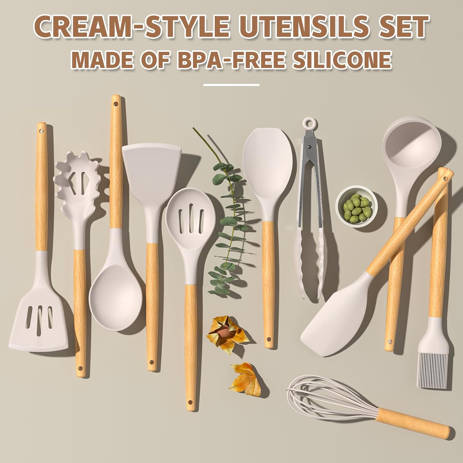 Umite Chef Kitchen Cooking Utensils Set, 33 pcs Non-Stick Silicone Cooking Kitchen Utensils Spatula Set with Holder, Wooden Handle Silicone Kitchen Gadgets Utensil Set (Khaki) detail image 4