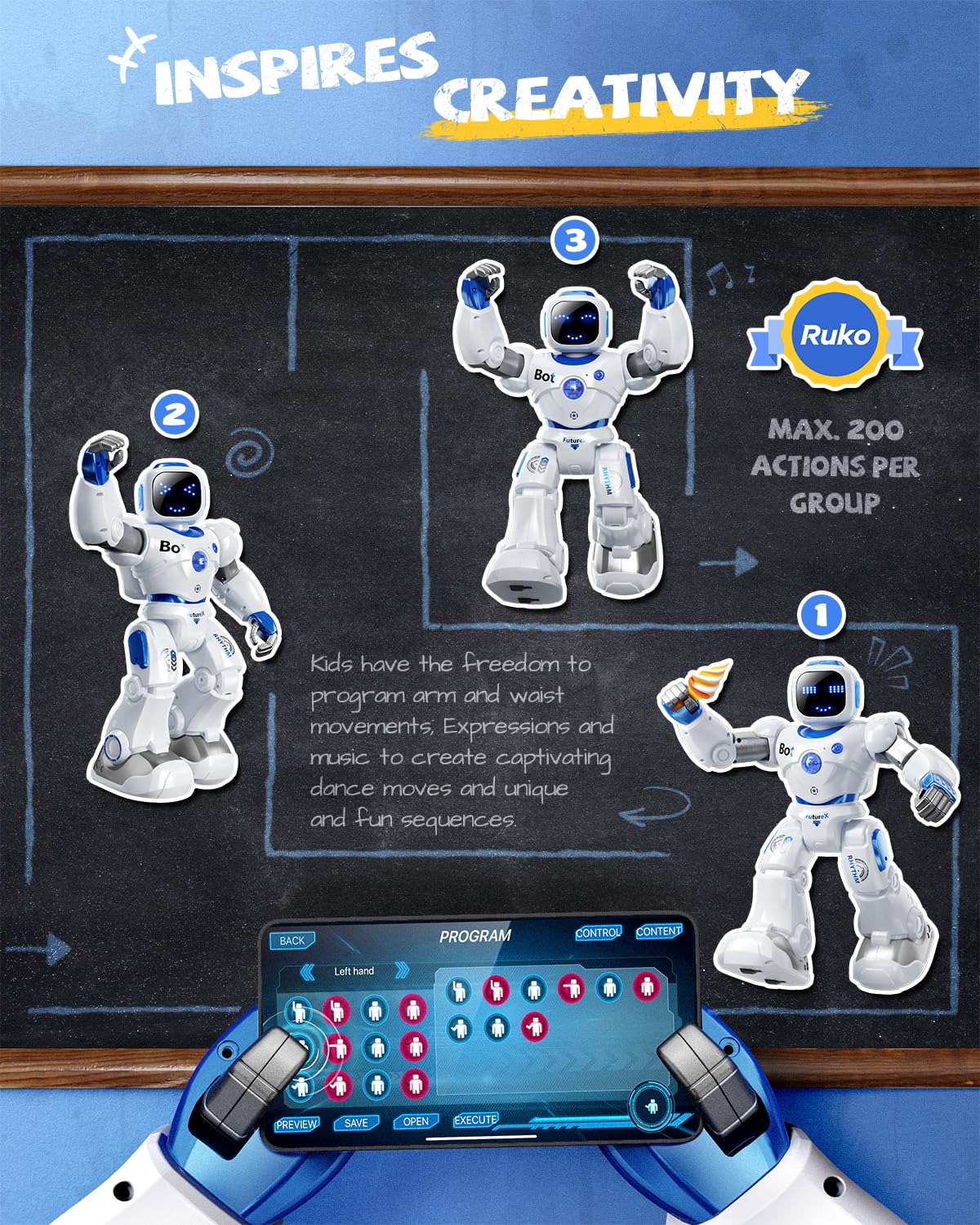 Ruko 1088 Smart Robots for Kids, Large Programmable Interactive RC Robot with Voice Control, APP Control, Present for 4 5 6 7 8 9 Years Old Kids Boys and Girls detail image 4
