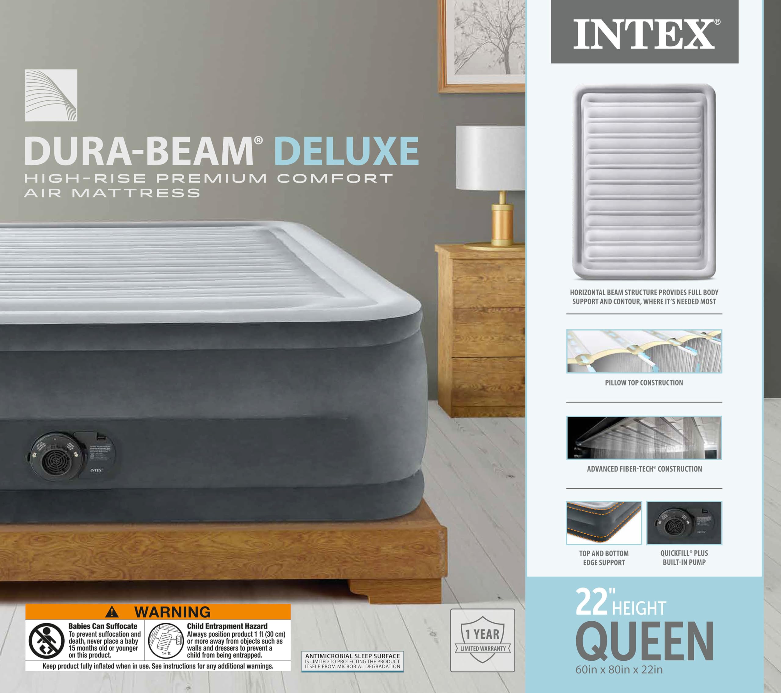 Intex 64417ED 22in Queen Dura-Beam Comfort Plush High-Rise Inflatable Air Mattress with Built-in Pump, 600 lb Capacity detail image 3