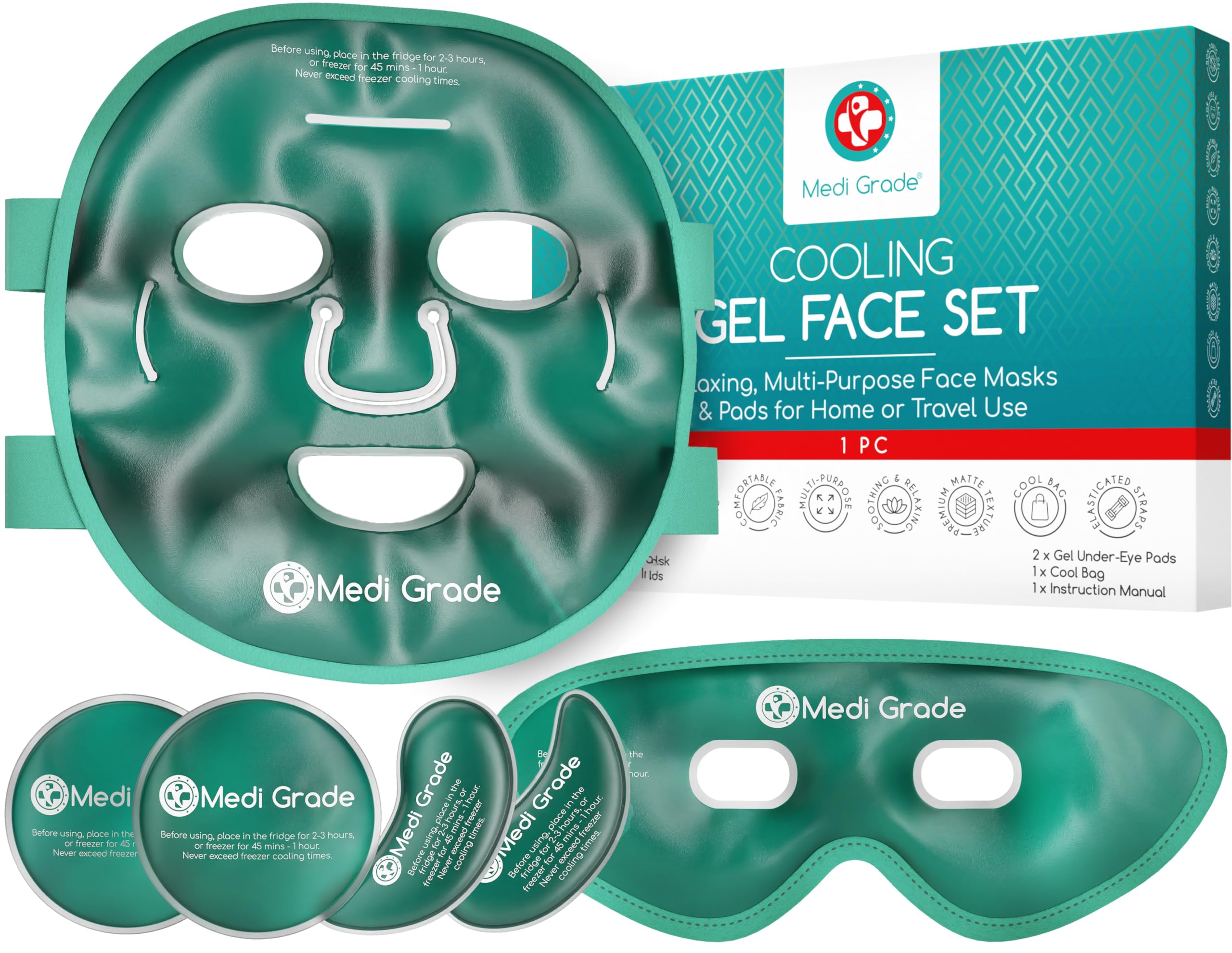Medi Grade Face Ice Pack and Cooling Eye Mask Set, ChillGel Gel Mask, Green detail image 1
