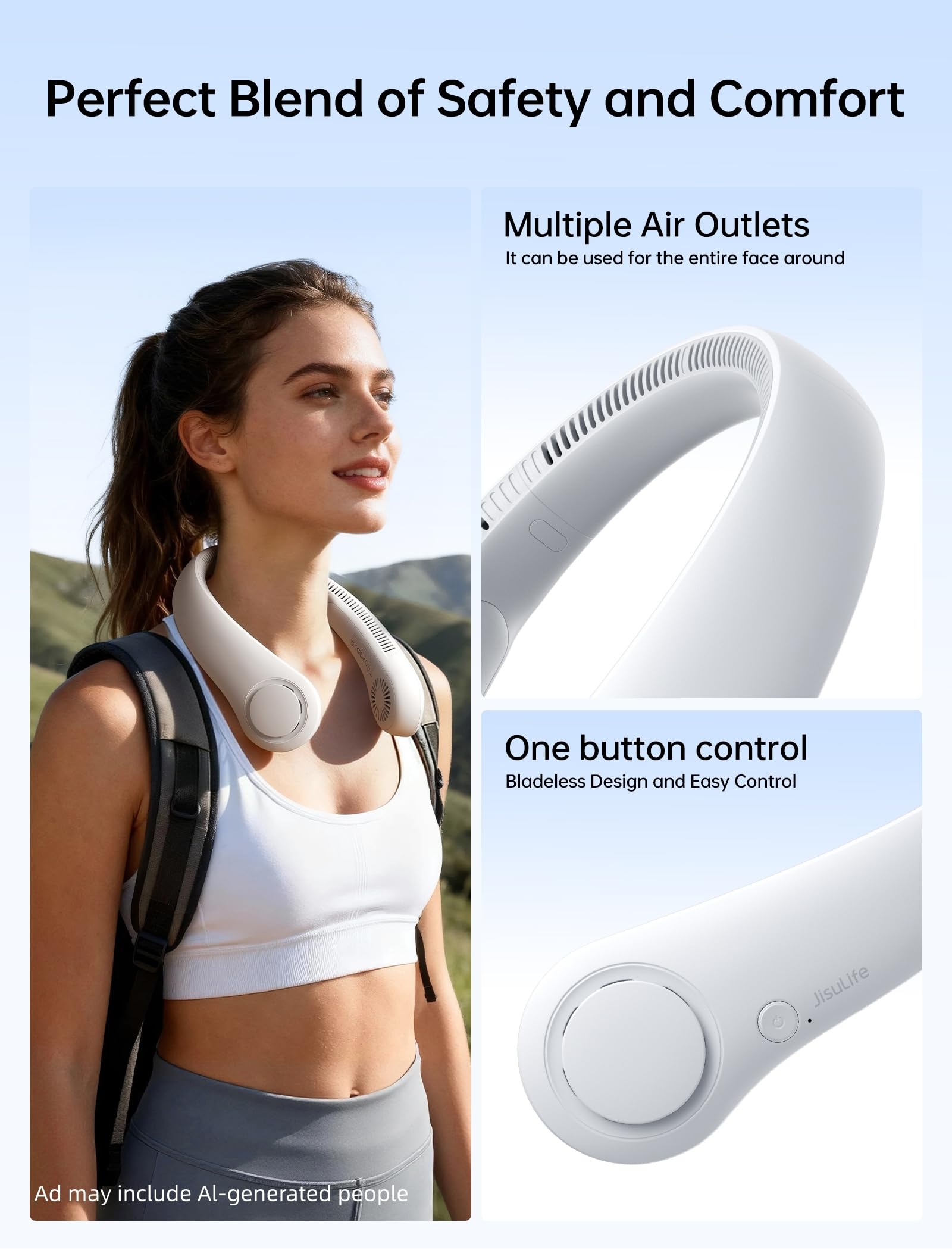 JISULIFE Portable Hands-Free Bladeless Neck Fan, Rechargeable 4000mAh, 5 Speeds, Twistable Wearable Personal Fan - Grey detail image 4