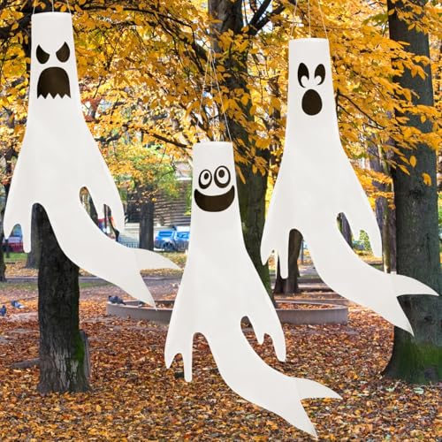 JOYIN 3 Pcs Hanging Ghost Windsocks Halloween Decorations Outdoor Indoor, Haunted House Decor Party Supplies for Front Porch Tree Garden Yard Lawn Patio, White detail image 8