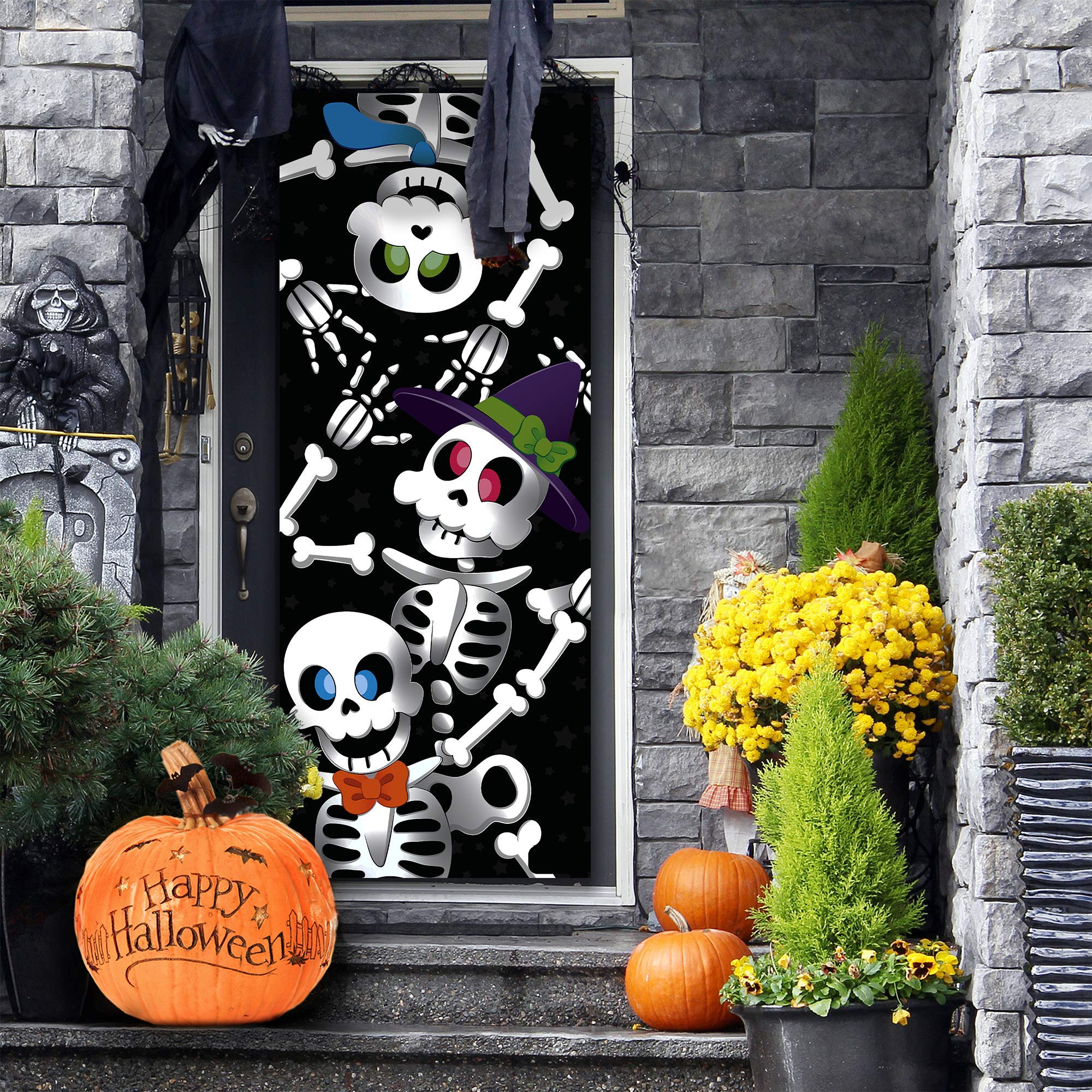 JOYIN 3 Pcs 30”x72” Door Cover Skeleton Halloween Decorations Indoor, Haunted House Home Decor Stickers Party Supplies Favors for Garage Window Wall Cute detail image 7