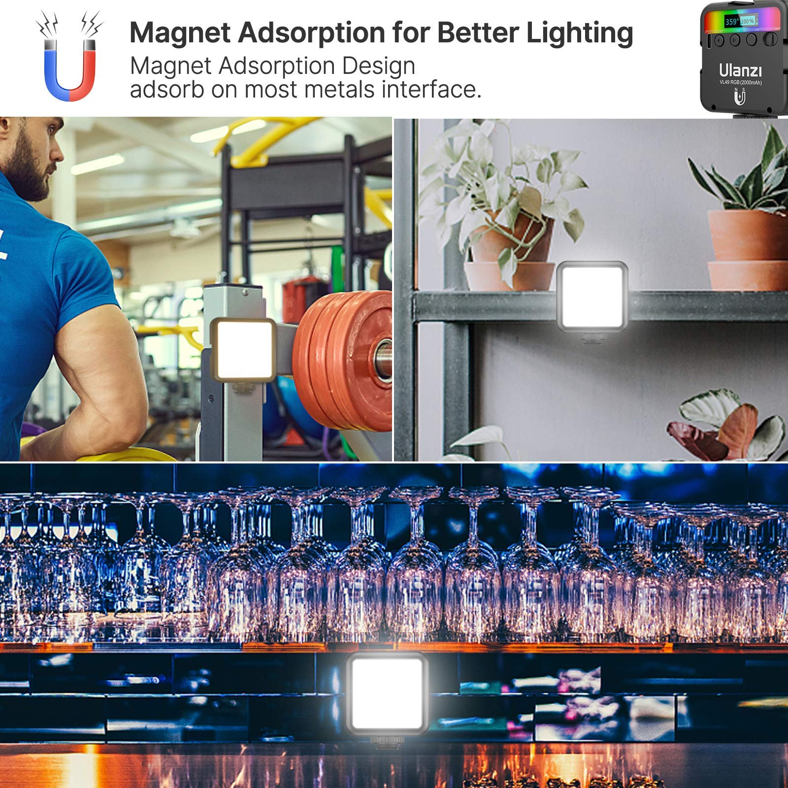 ULANZI VL49 RGB Video Lights, LED Camera Light 360° Full Color Portable Photography Lighting w 3 Cold Shoe, 2000mAh Rechargeable CRI 95+ 2500-9000K Dimmable Panel Lamp Support Magnetic Attraction detail image 4