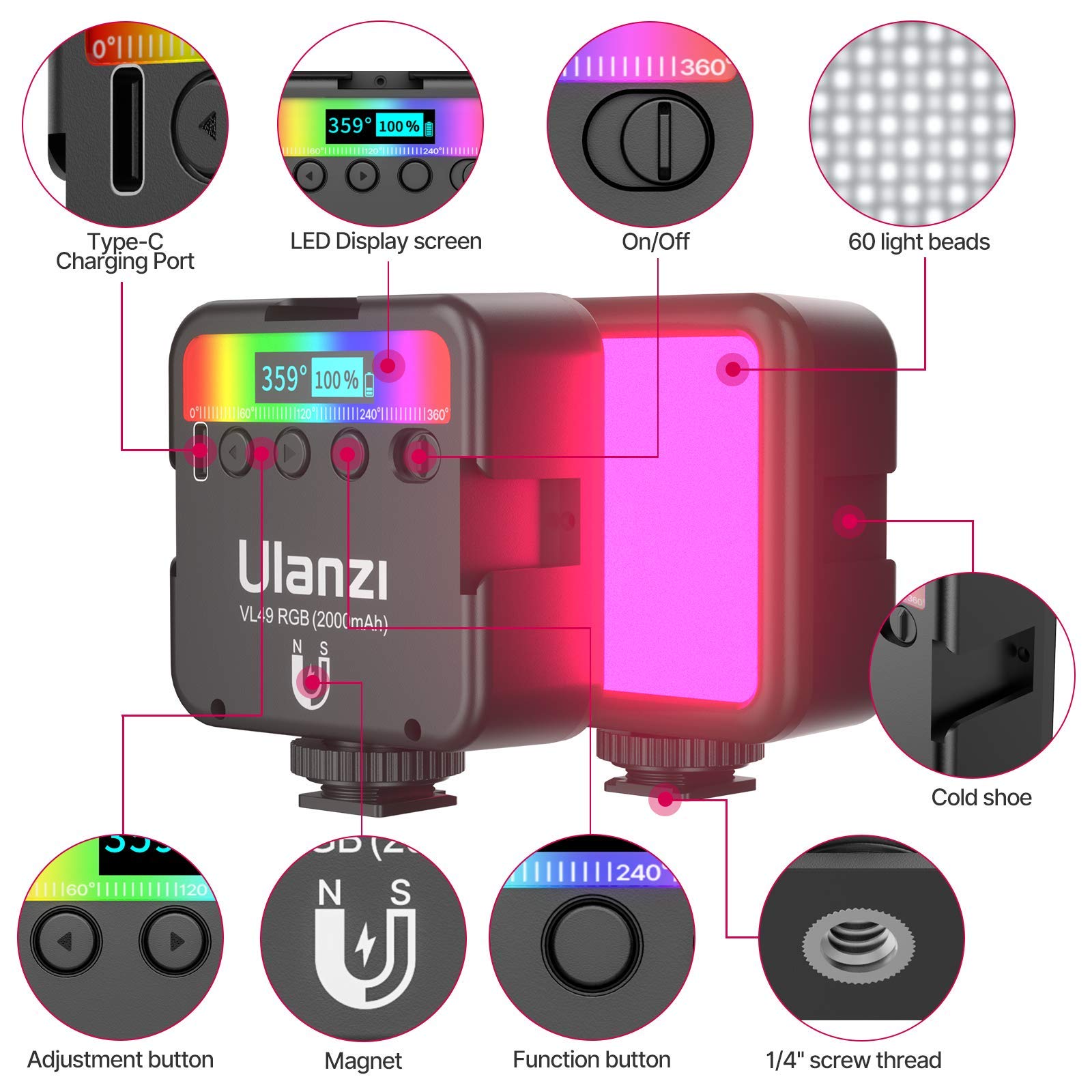 ULANZI VL49 RGB Video Lights, LED Camera Light 360° Full Color Portable Photography Lighting w 3 Cold Shoe, 2000mAh Rechargeable CRI 95+ 2500-9000K Dimmable Panel Lamp Support Magnetic Attraction detail image 2