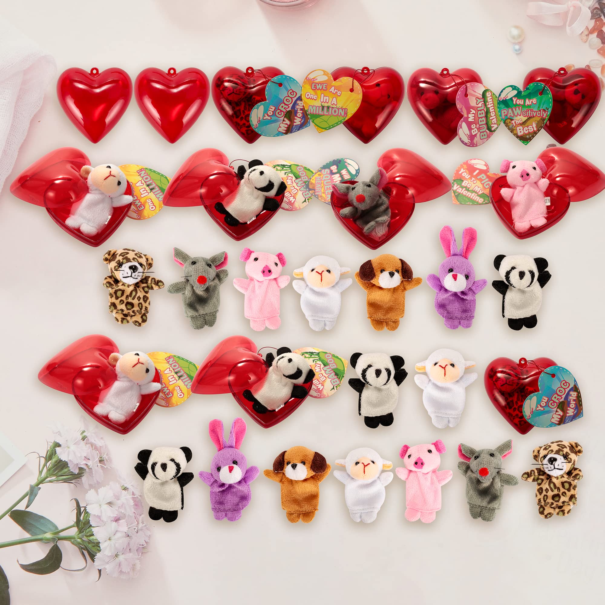 JOYIN 28-Piece Valentine's Plush Animal Finger Puppets with Pre-Filled Hearts & Cards, Classroom Exchange and Party Favor Set detail image 6