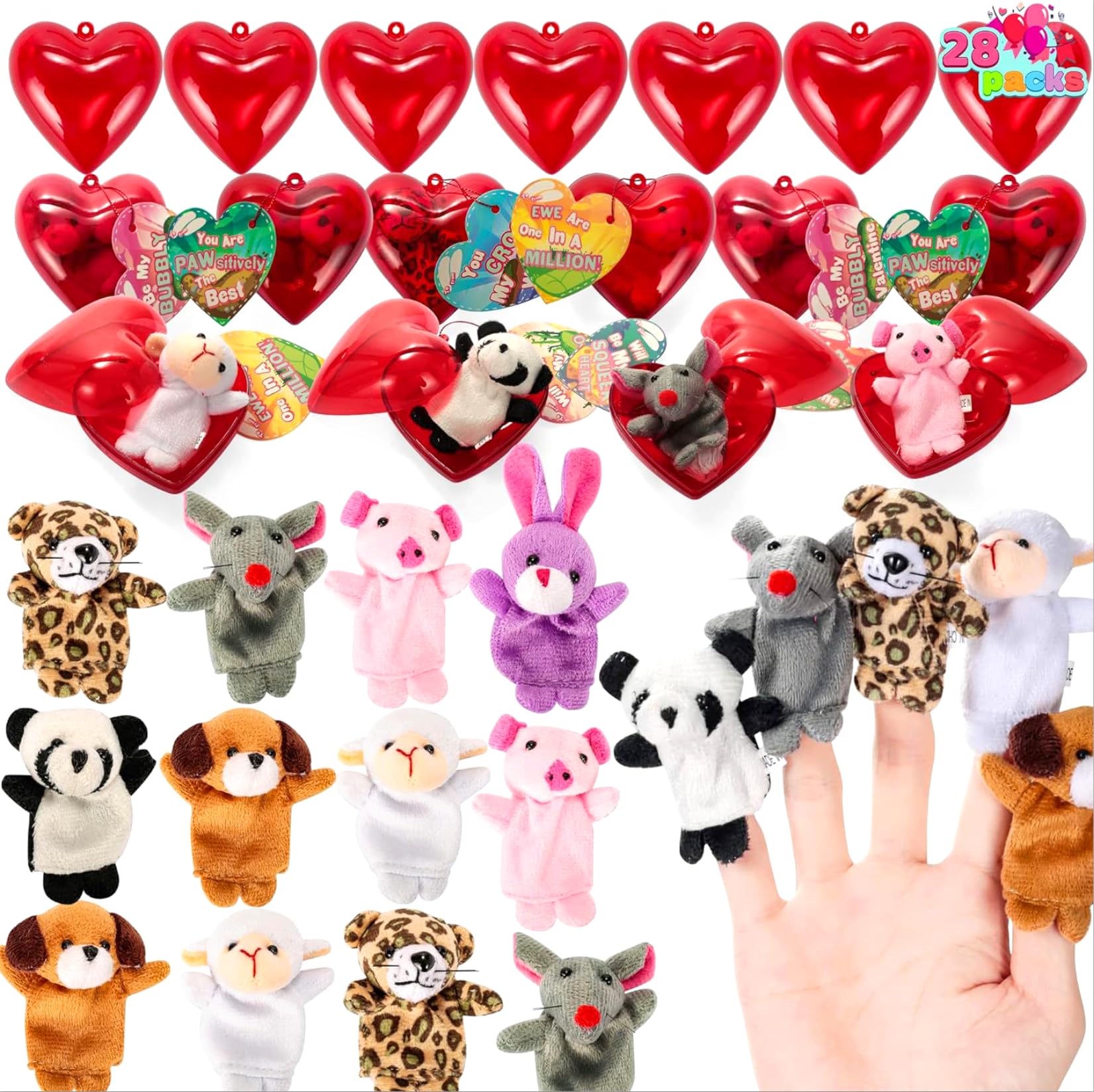 JOYIN 28-Piece Valentine's Plush Animal Finger Puppets with Pre-Filled Hearts & Cards, Classroom Exchange and Party Favor Set detail image 1