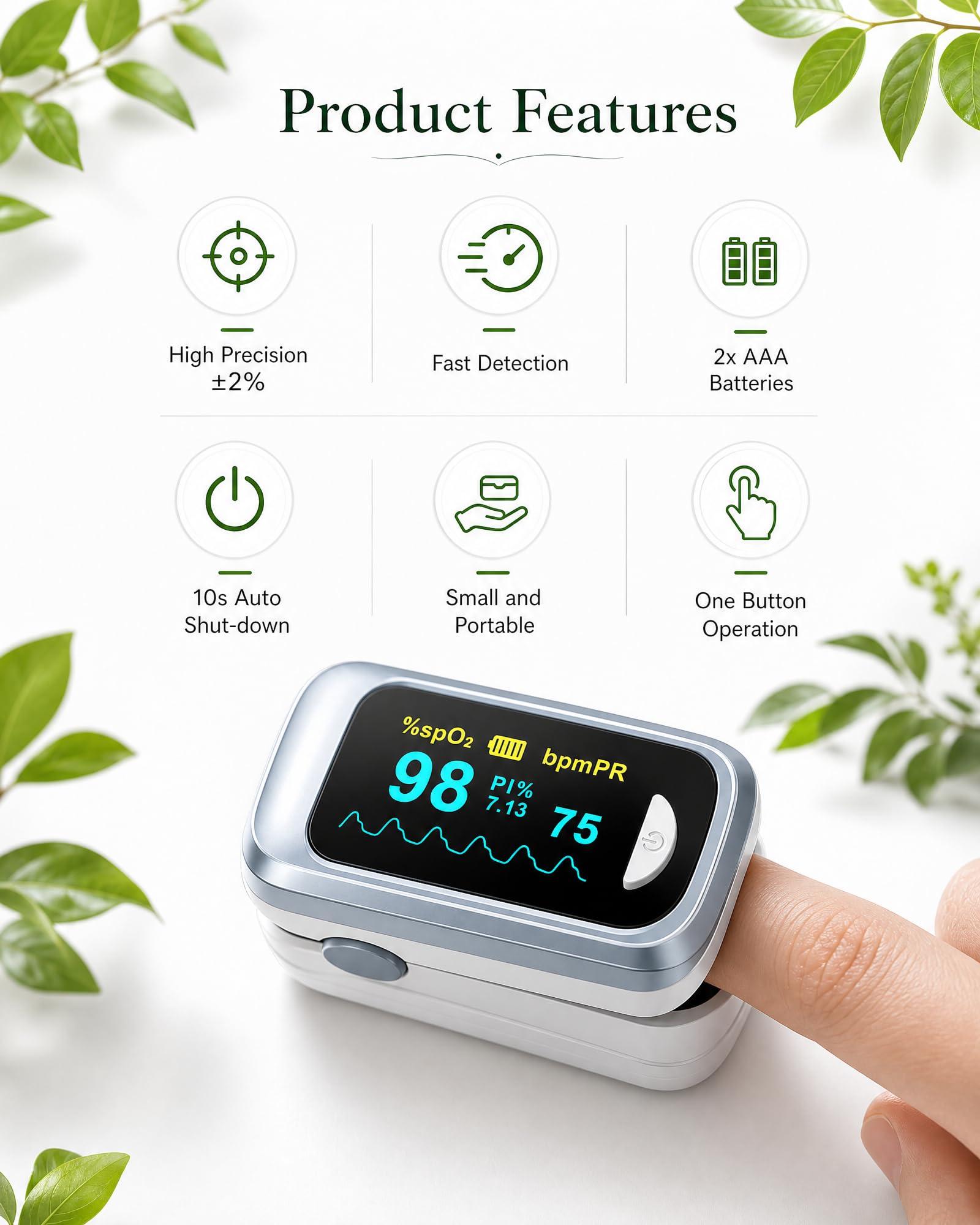 Fingertip Pulse Oximeter - OLED SpO2 & Heart Rate Monitor with Lanyard and 2 AAA Batteries detail image 5