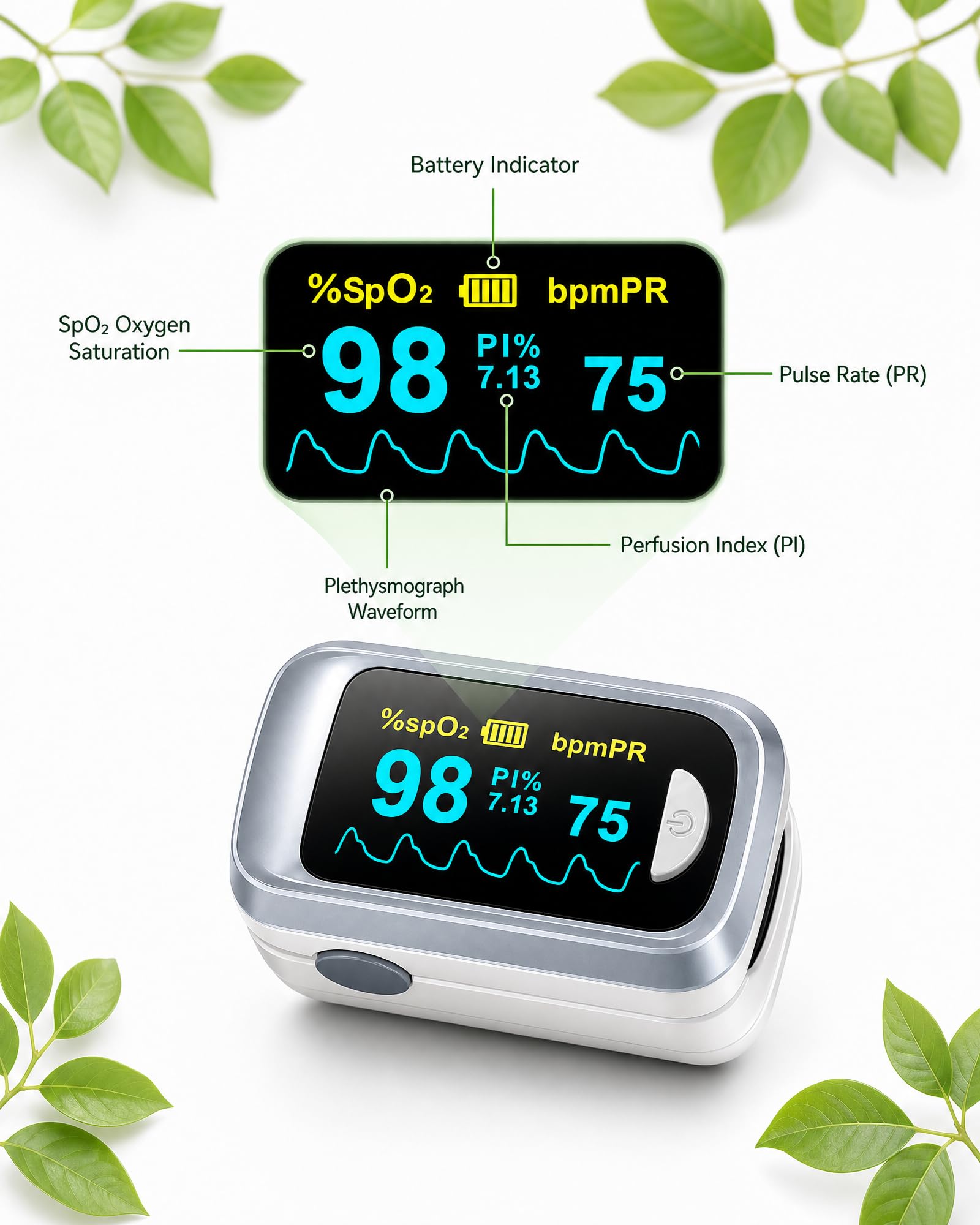 Fingertip Pulse Oximeter - OLED SpO2 & Heart Rate Monitor with Lanyard and 2 AAA Batteries detail image 2