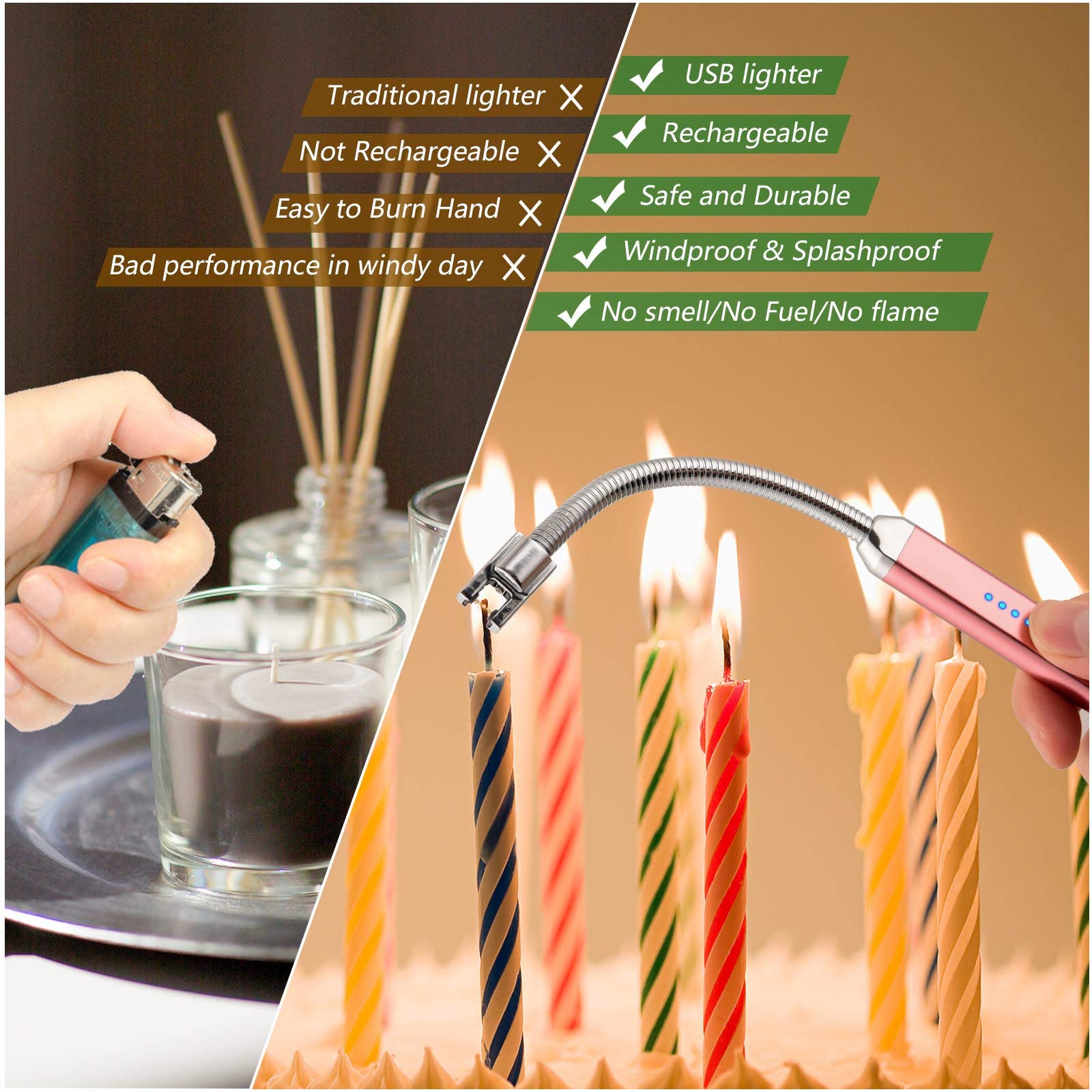 MEIRUBY Electric Rechargeable Arc Lighter — USB Windproof Long Neck, Flexible 360° for Candles, BBQ, Camping, Cigar, Gifts (Rose Gold) detail image 4