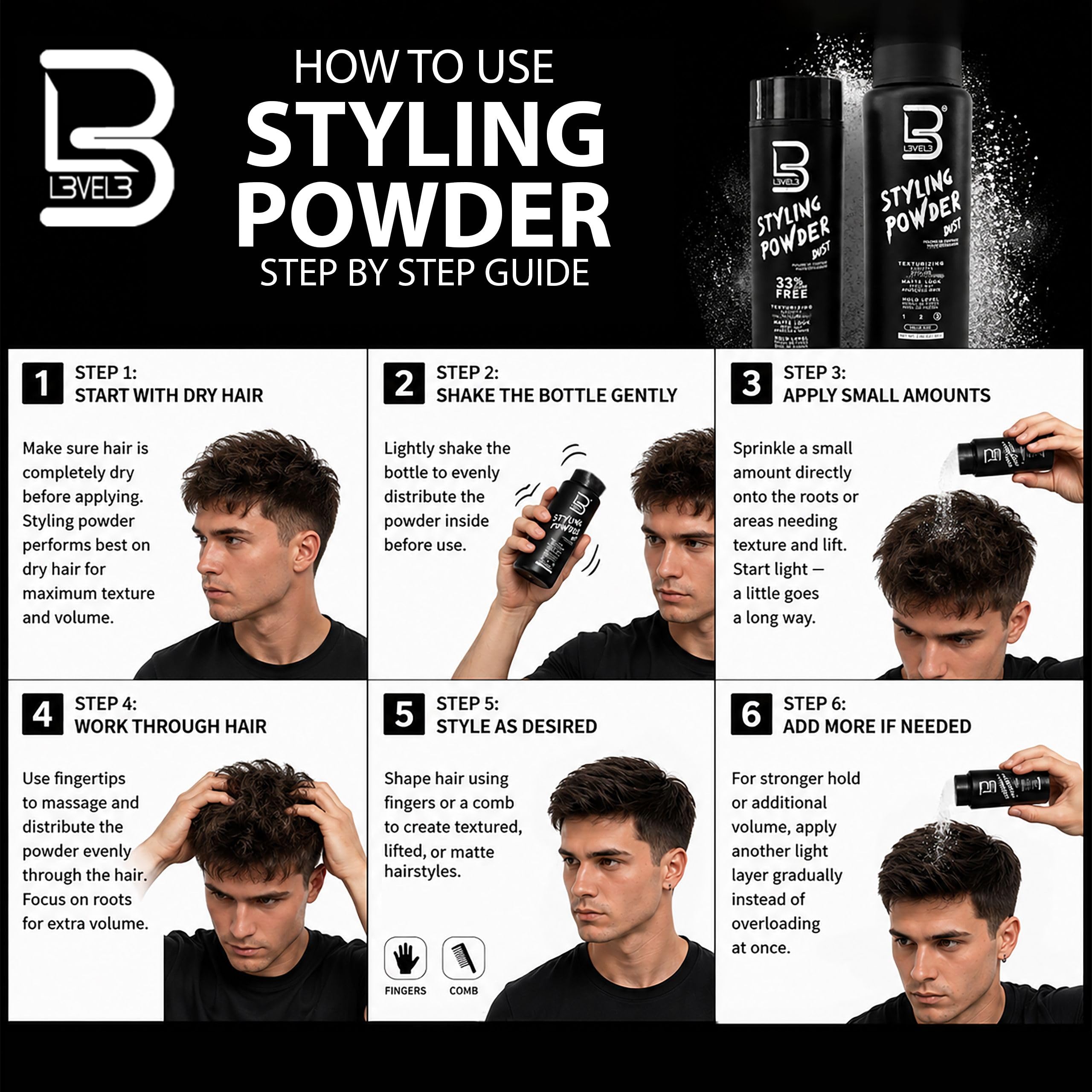 L3 Level 3 Hair Texture Powder for Men, Volume, Natural Look, 30 g detail image 5