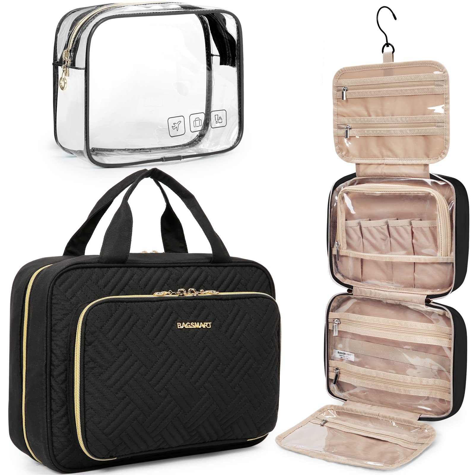 BAGSMART Toiletry Bag Hanging Travel Makeup Organizer with TSA Approved Transparent Cosmetic Bag Makeup Bag for Full Sized Toiletries, Medium-Black detail image 1
