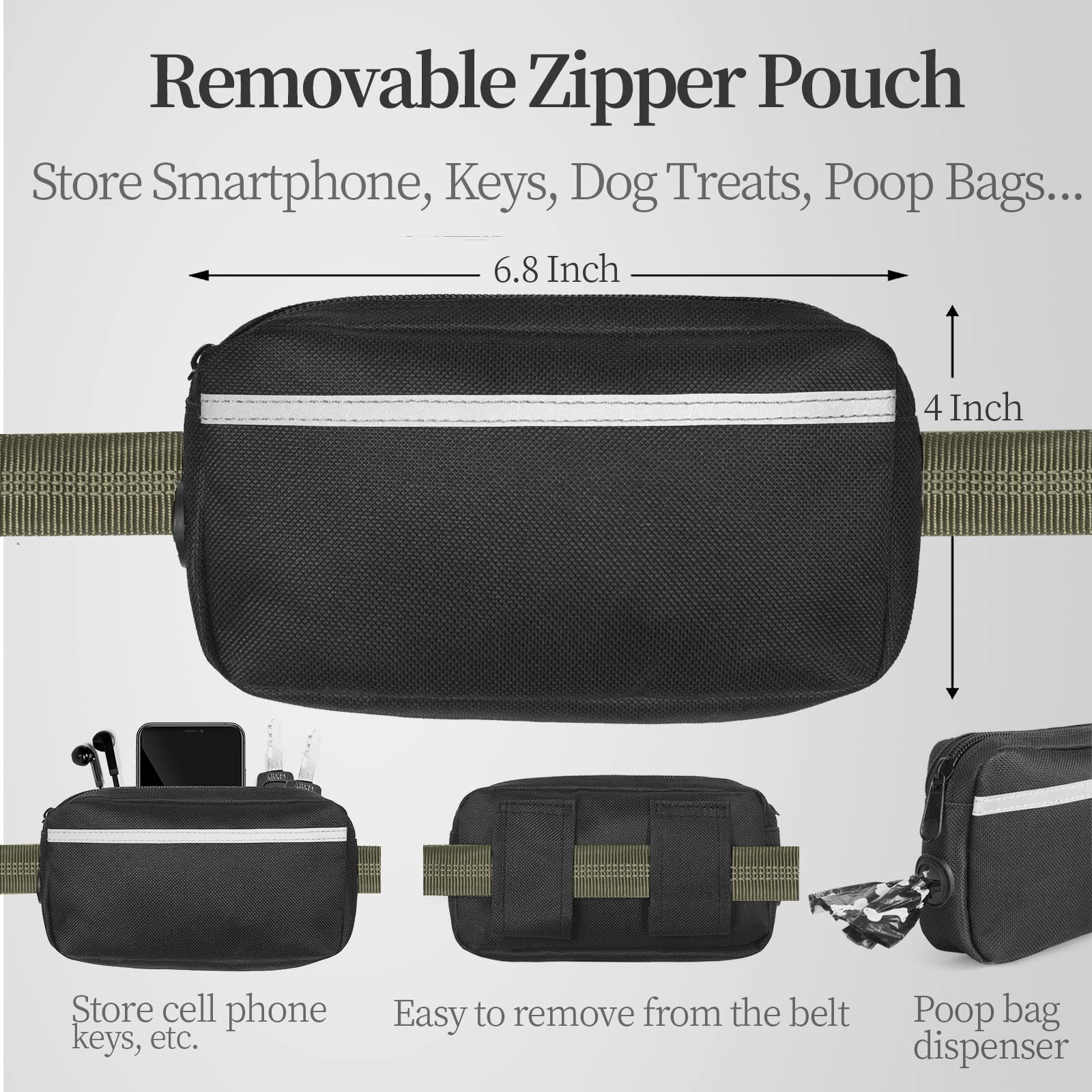 iYoShop Hands Free Dog Leash with Zipper Pouch, Dual Padded Handles and Durable Bungee for Walking, Jogging and Running Your Dog (Large, 25-120 lbs, Military Green) detail image 2