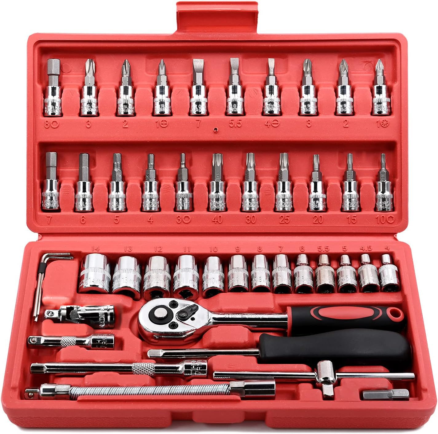 Egofine 46-Piece 1/4" Drive Socket and Bit Set with Ratchet, Extensions and Storage Case detail image 1