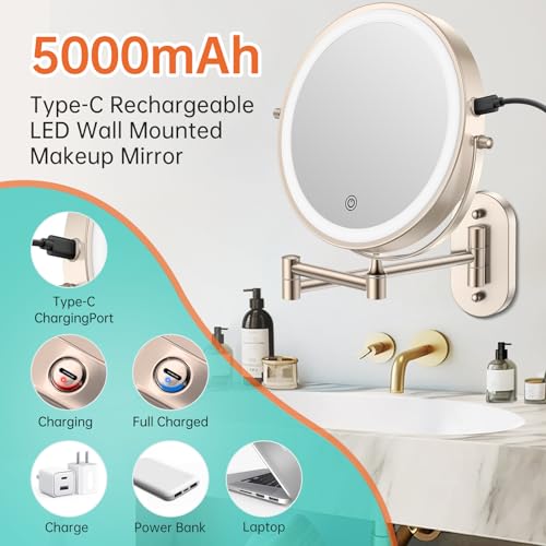 5000mAh Rechargeable Wall Mounted Lighted Makeup Vanity Mirror1X/30X Nickel detail image 9