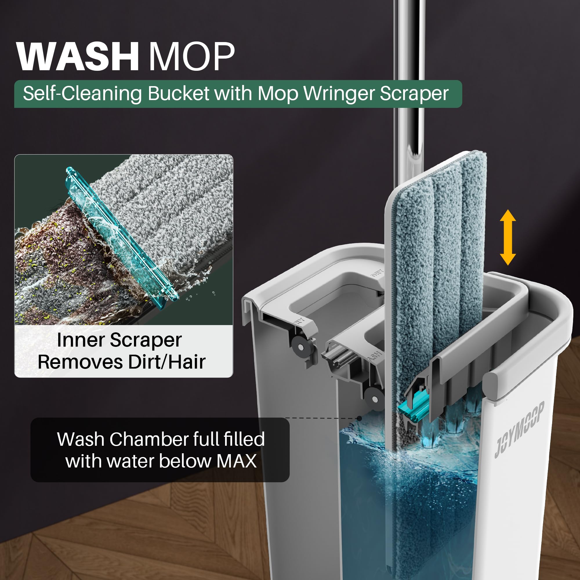 JOYMOOP Mop and Bucket Set, Hands-Free Flat Floor Mop with 3 Washable Microfiber Pads, Wet and Dry Use, Ideal for Home and Commercial Floor Cleaning detail image 2