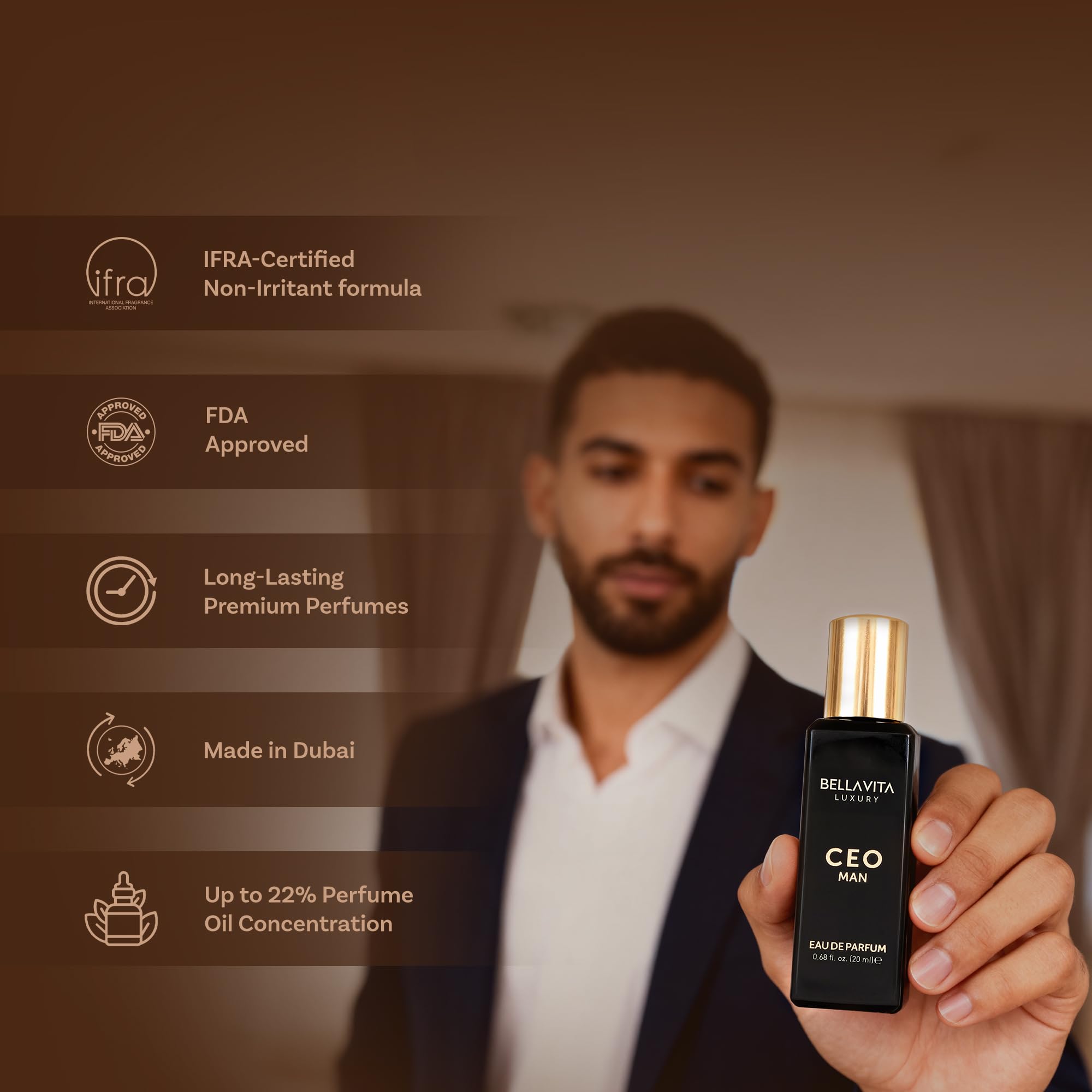 BellaVita Luxury Men's Perfume Gift Set — 4 x 20ml (80ml) — CEO Man, G. O. A. T. , KLUB Man & OUD — Long-Lasting Citrus, Woody, Patchouli & Caramel Notes — Gift for Men detail image 7