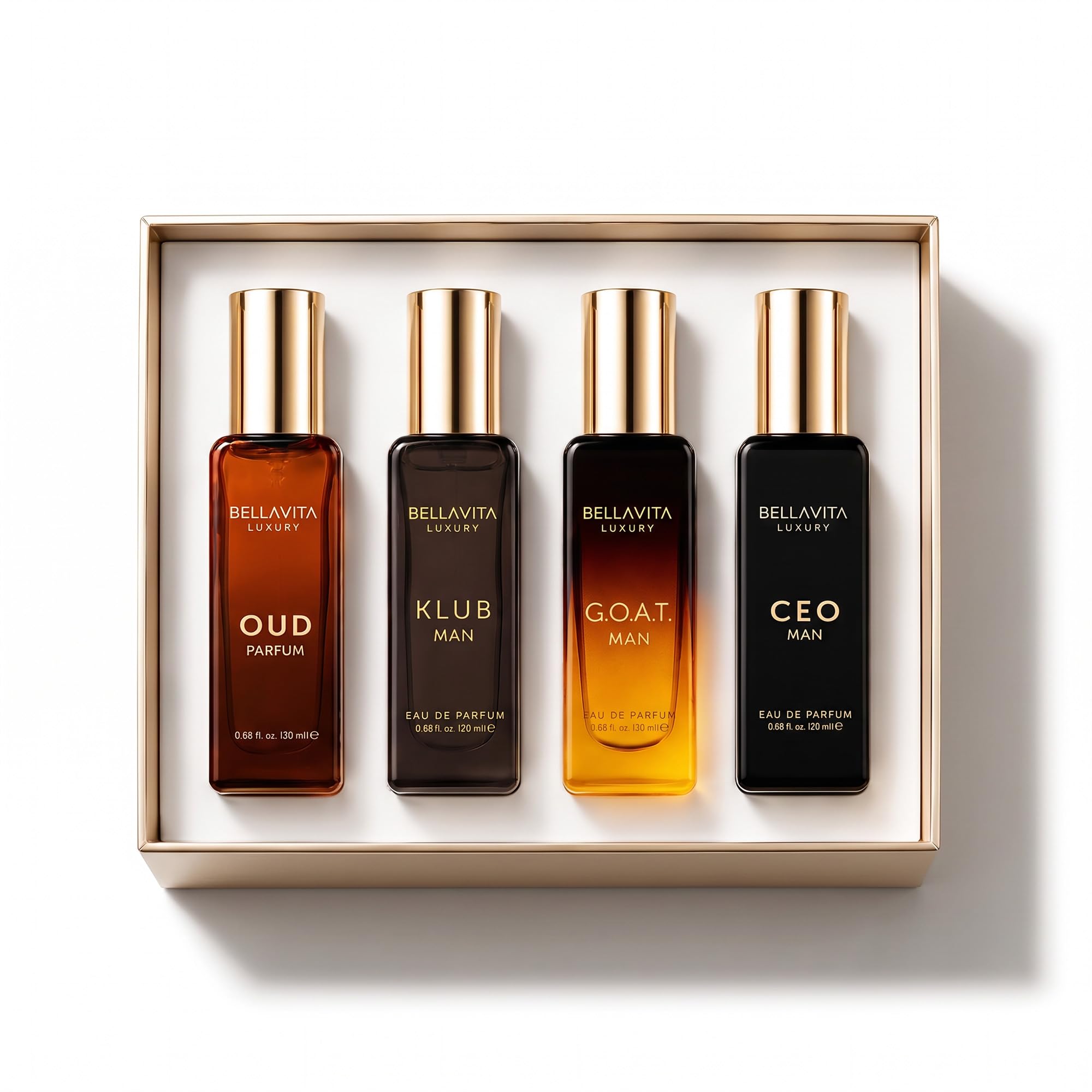 BellaVita Luxury Men's Perfume Gift Set — 4 x 20ml (80ml) — CEO Man, G. O. A. T. , KLUB Man & OUD — Long-Lasting Citrus, Woody, Patchouli & Caramel Notes — Gift for Men detail image 1