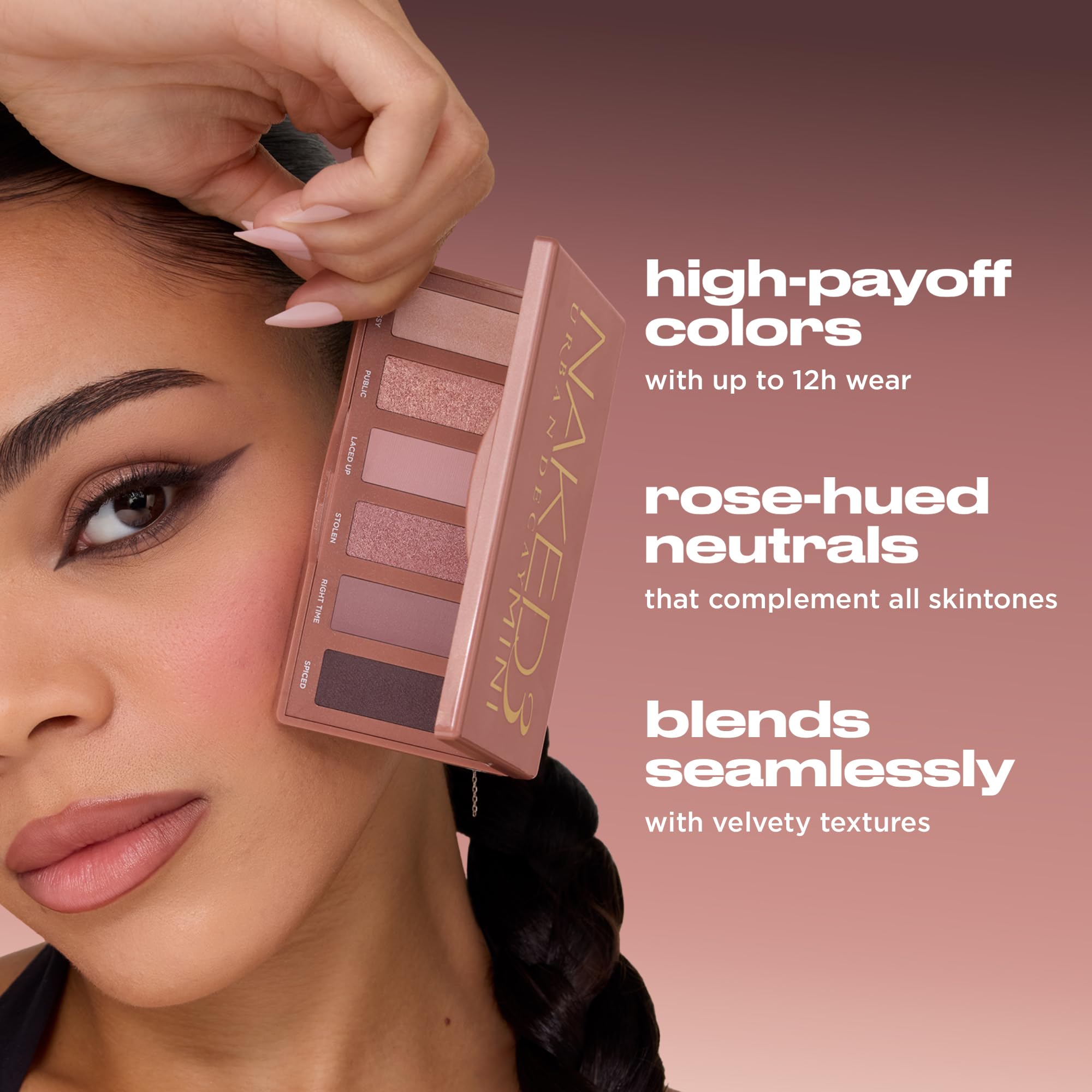 URBAN DECAY Naked 3 Mini Eyeshadow Palette - 6 Soft Pink Shadows, Multi-Use Matte & Shimmer Finishes, Ultra-Blendable, Long-lasting Up to 12HR Wear, Rosy Neutral Shades, Travel Makeup with Mirror detail image 2