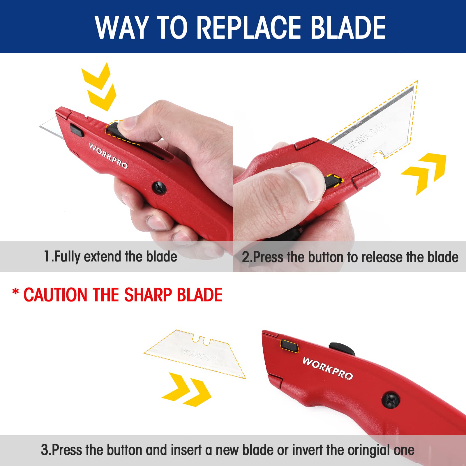 WORKPRO Premium Utility Knife, Retractable All Metal Heavy Duty Box Cutter, Quick Change Blade Razor Knife, with 10 Extra Blades detail image 6