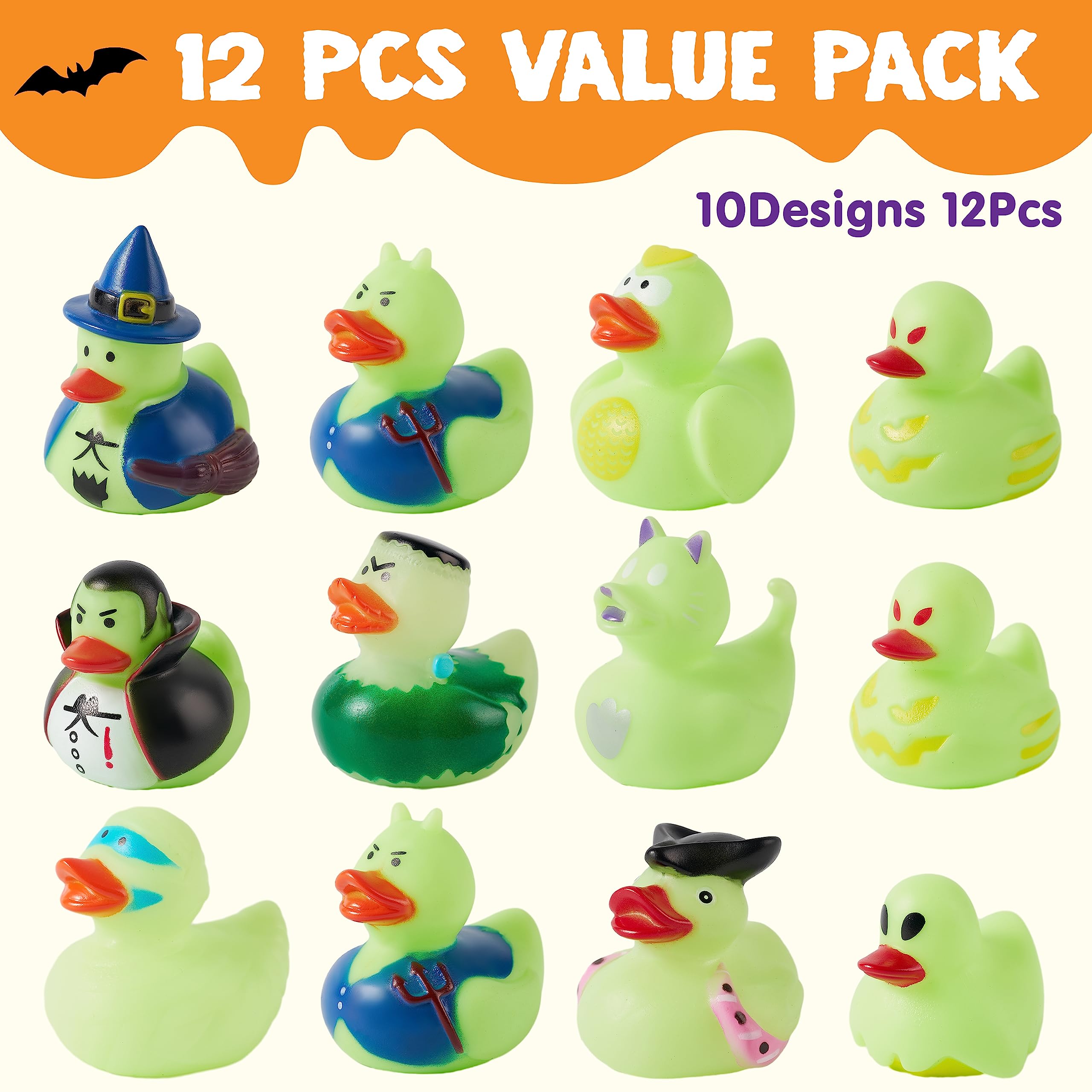 JOYIN 12 PCS Halloween Glow Ducks Bath Toys, Rubber Duckies for Trick or Treating Goodie Bag Fillers, Glow in The Dark Ducky Duck for Halloween Party Favors Decorations School Classroom Prizes detail image 4