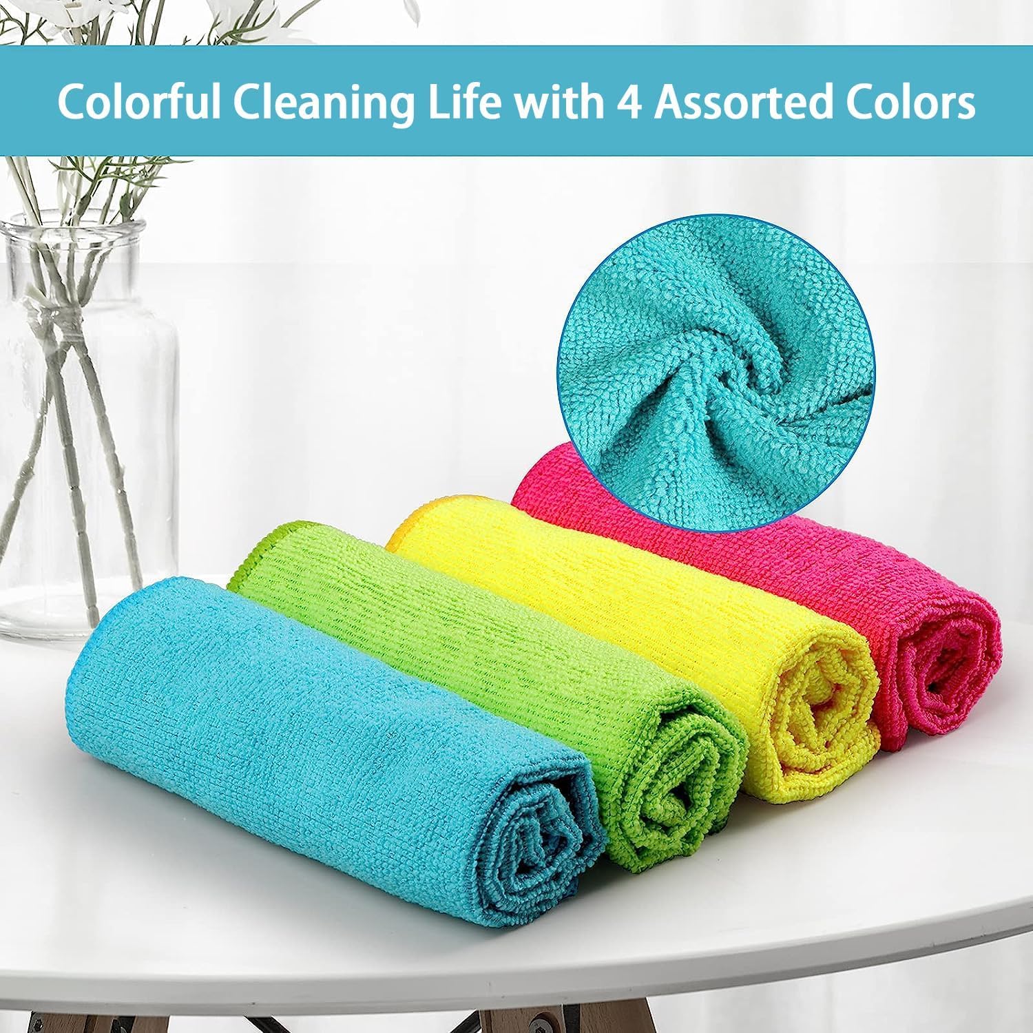 HOMEXCEL Microfiber Cleaning Cloth 210GSM, Pack of 12, Size:11. 5" x 11. 5", Ultra-Soft, High-Density Non-Abrasive Cleaning Towels for Cars, Glass, Kitchen, Reusable Rags, Blue/Green/Yellow/Pink detail image 3