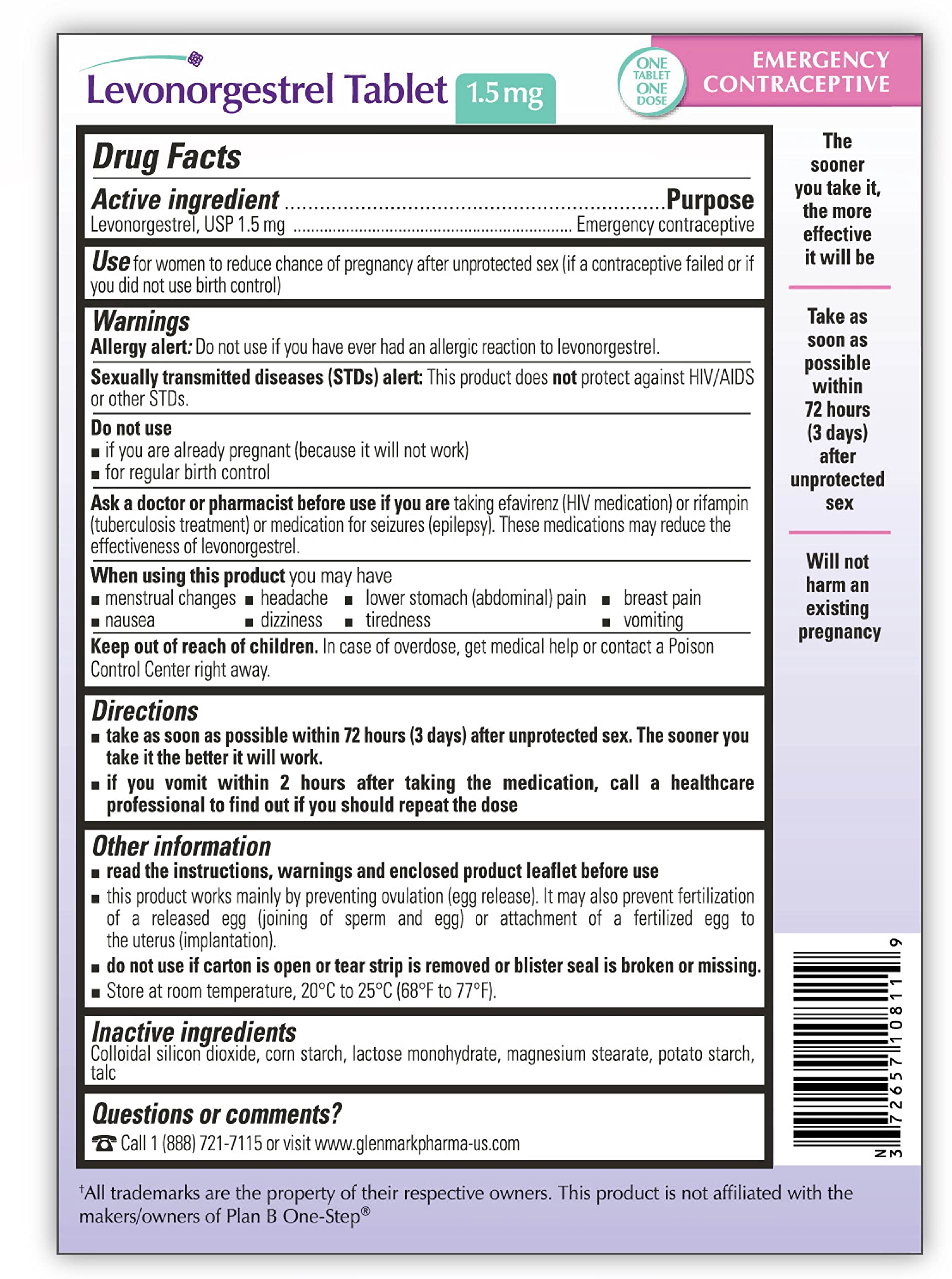 Glenmark Therapeutics Emergency Contraceptive Tablet, Levonorgestrel 1. 5 mg detail image 2