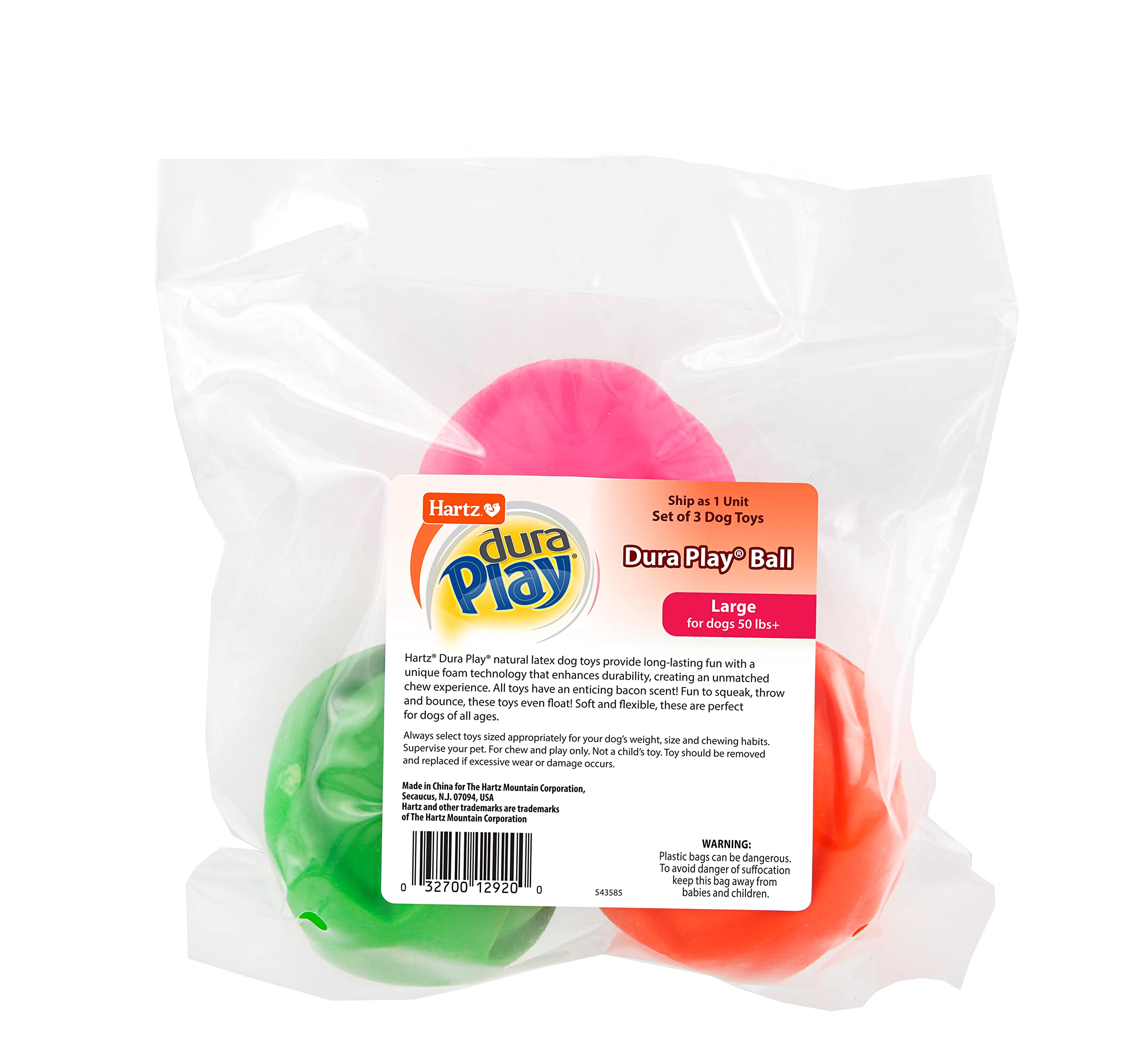 Hartz DuraPlay Squeaky Ball Dog Toy, Neon Green/Pink/Orange, Large, 3-Pack detail image 9