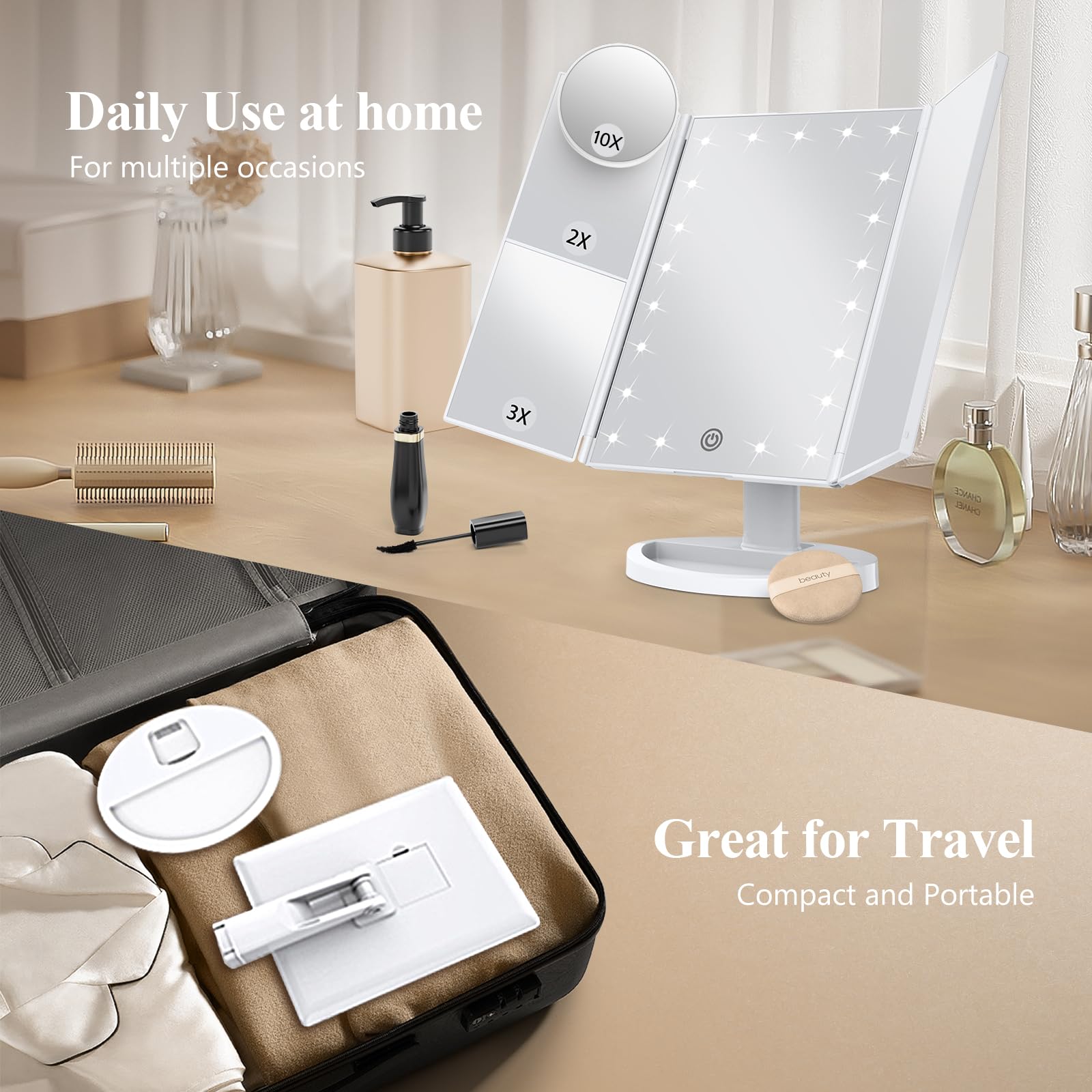 HUONUL 2X/3X/10X Magnifying Vanity Mirror with Light, Trifold Makeup Mirror detail image 4