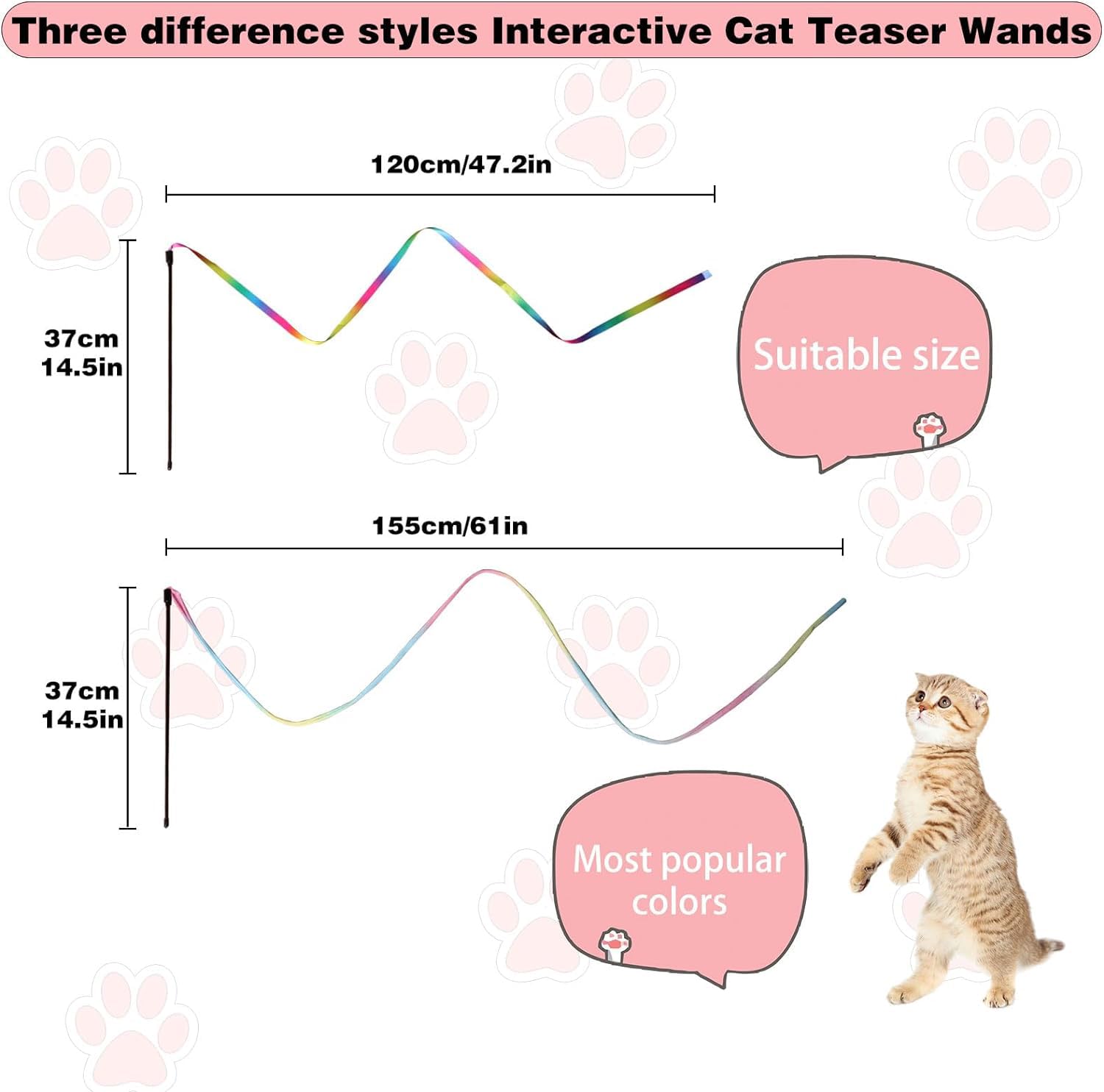 Cat Wand Toys Interactive Kitten Teaser Wand Set for Indoor Cats, Colorful Ribbon Stick Toy, 2-Pack detail image 2