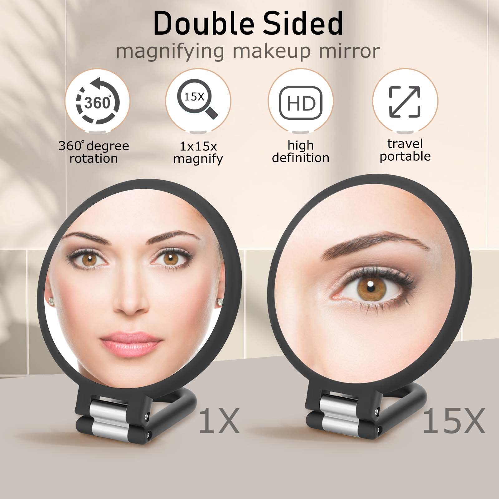 CLSEVXY Magnifying Handheld Mirror Double Sided, 1X 15X Magnification Hand Mirrors, Travel Folding Hand Held Mirror, 360°Rotation Pedestal Makeup Vanity Mirror detail image 2