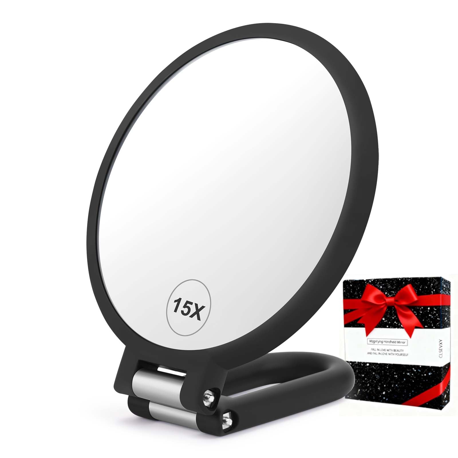 CLSEVXY Magnifying Handheld Mirror Double Sided, 1X 15X Magnification Hand Mirrors, Travel Folding Hand Held Mirror, 360°Rotation Pedestal Makeup Vanity Mirror detail image 1