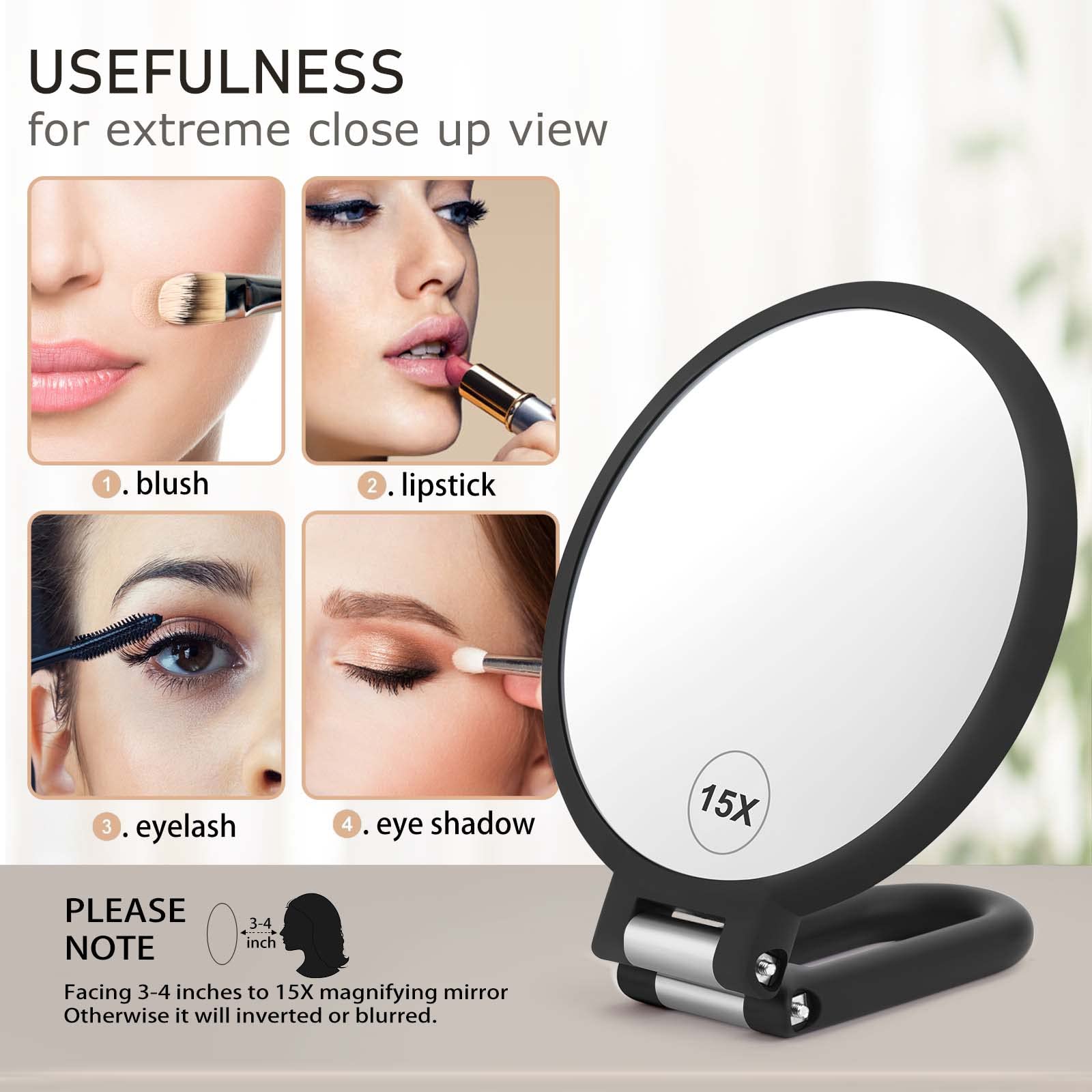 CLSEVXY Magnifying Handheld Mirror Double Sided, 1X 15X Magnification Hand Mirrors, Travel Folding Hand Held Mirror, 360°Rotation Pedestal Makeup Vanity Mirror detail image 3