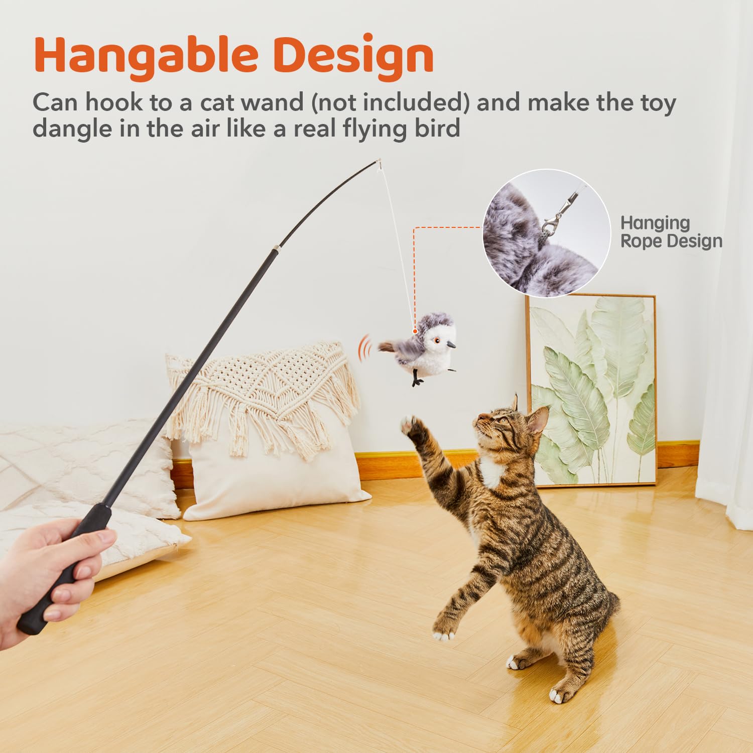 Potaroma Rechargeable Flapping Bird Cat Toy — Lifelike Sandpiper with Chirping Sound, Touch-Activated, Catnip Pouch, Interactive Exercise Toy for Kittens & All Breeds (4. 0") detail image 6