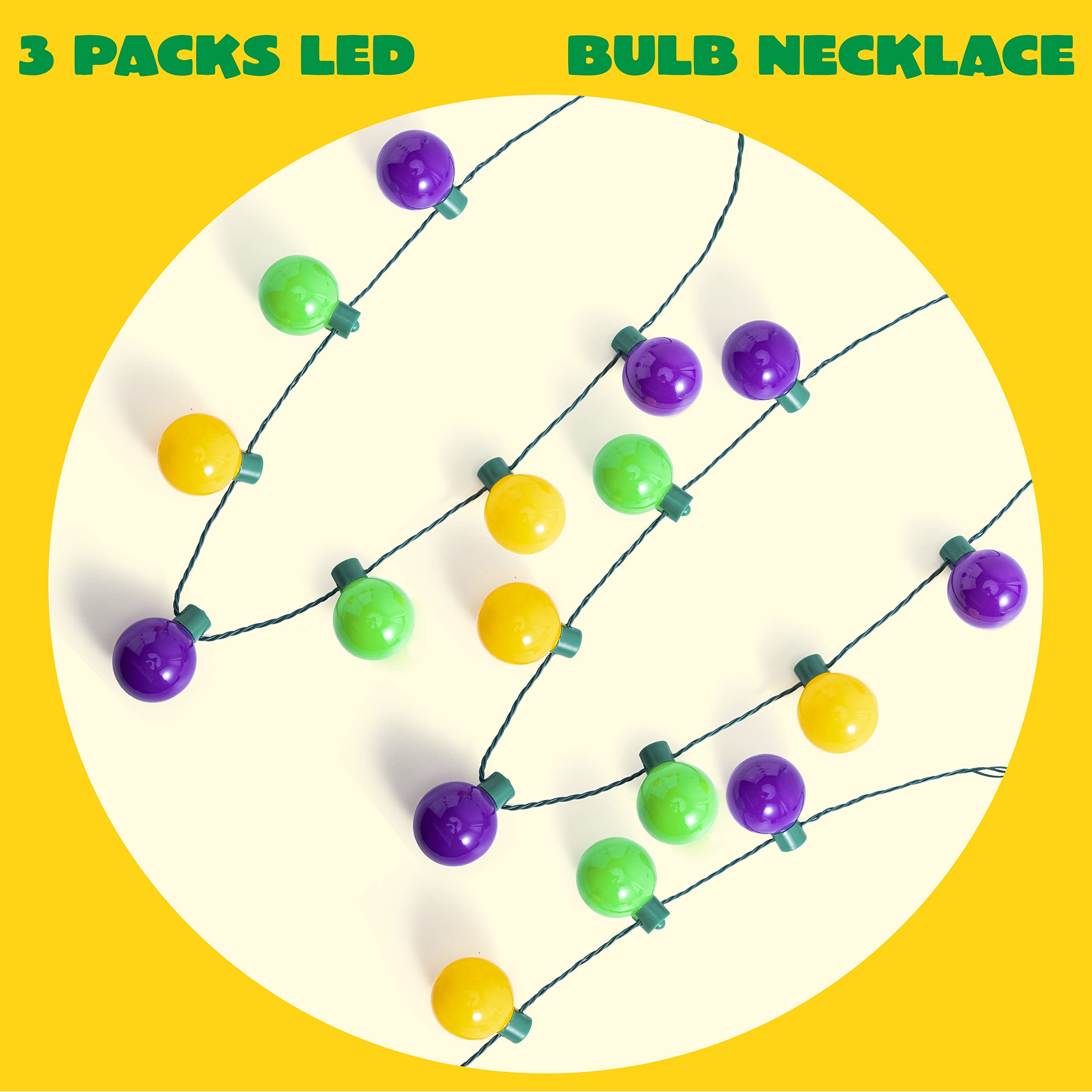 JOYIN 3-Pack Mardi Gras LED Bulb Necklaces (Purple/Green/Gold) with 6 Flash Modes detail image 2