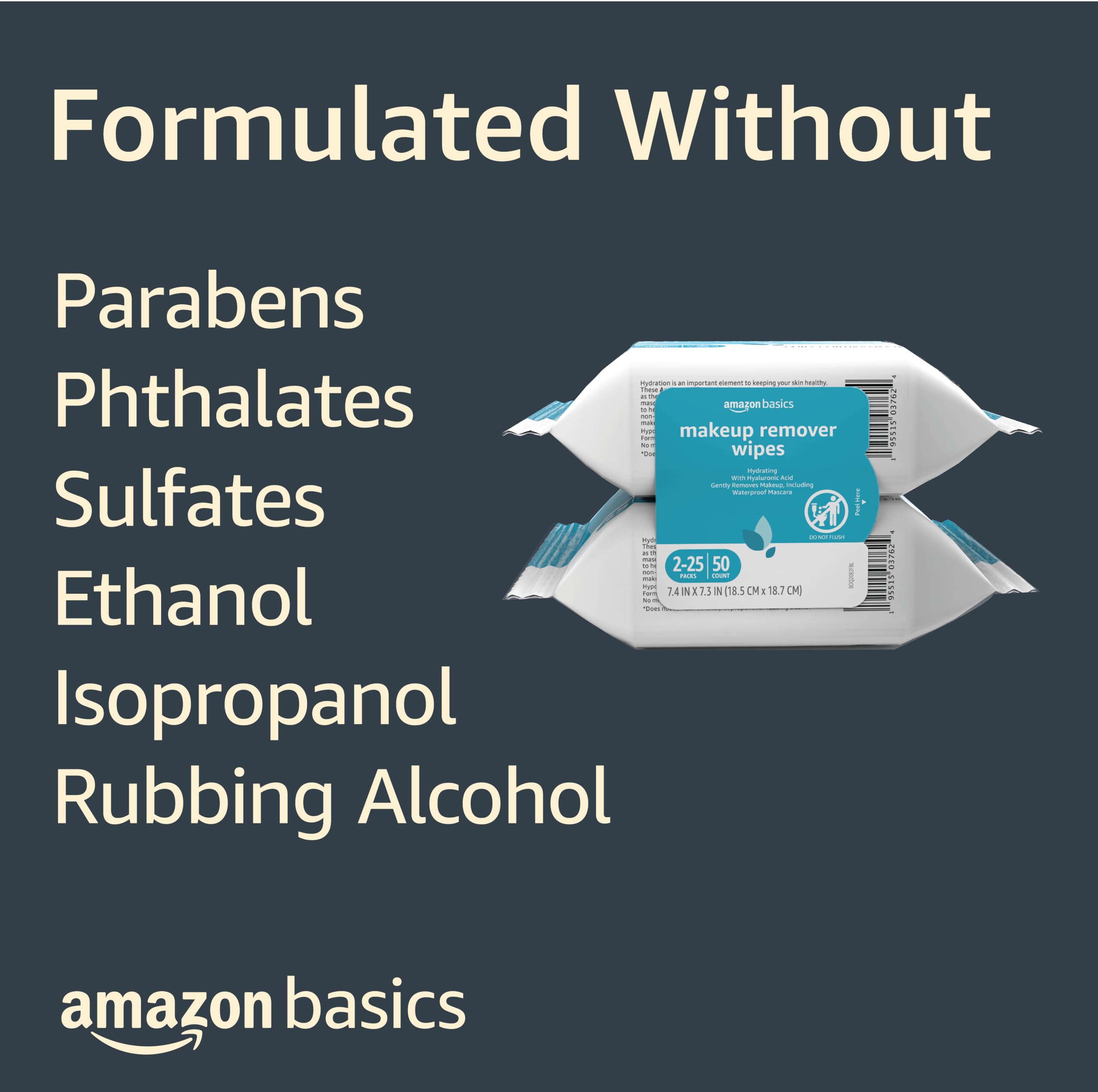 Amazon Basics Makeup Remover Wipes, Hydrating Facial Cleansing, Hyaluronic Acid, Dermatologist Tested, Alcohol-Free, Removes Waterproof Mascara, 25 Count, 2-Pack detail image 4