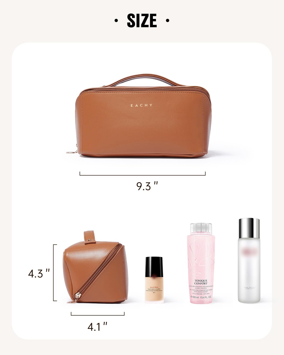 EACHY Travel Makeup Bag for Women, PU Leather Cosmetic Bag, Brown, Medium detail image 6